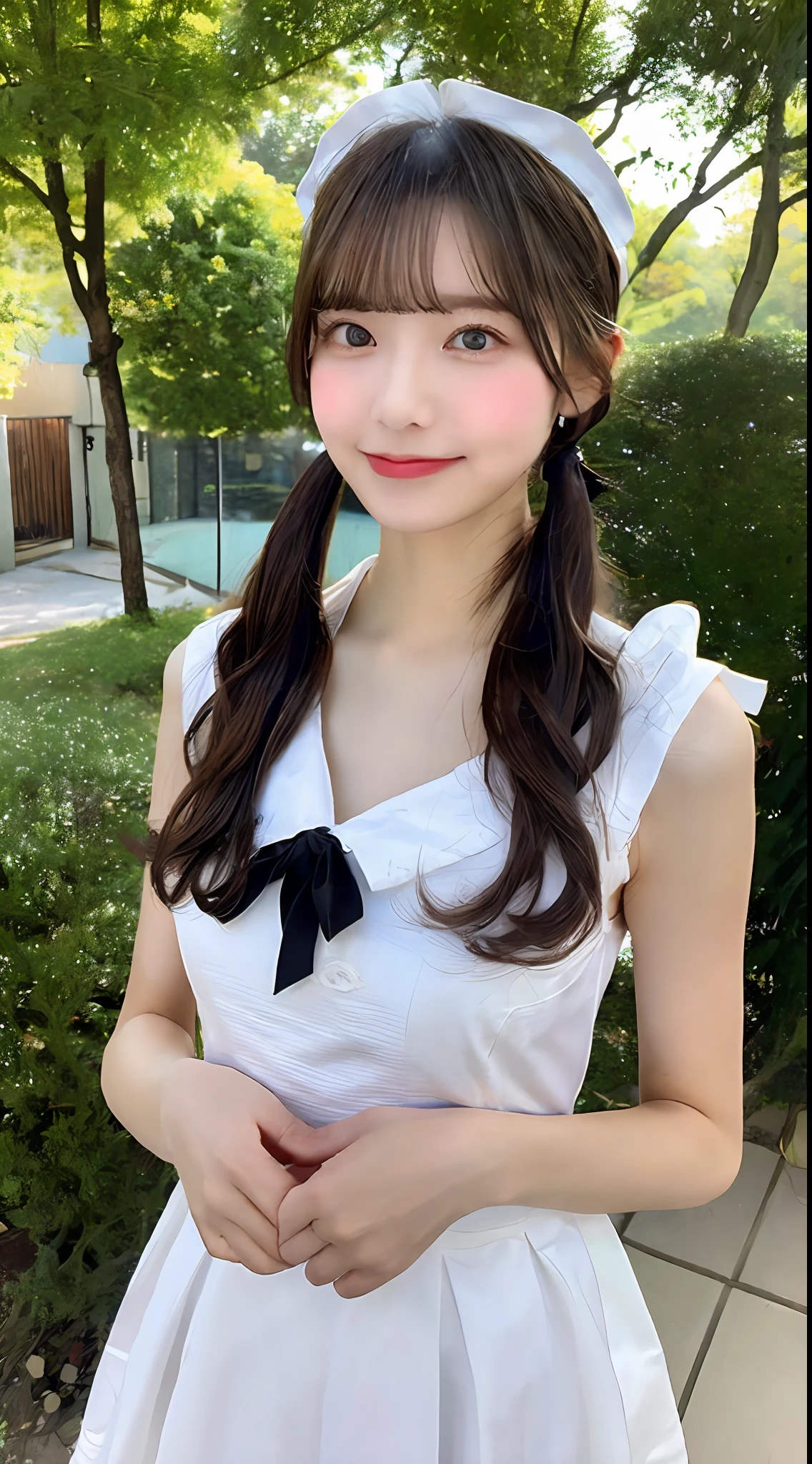 ((Best Picture Quality, 8K, nmasterpiece:1.3)), 1girls, Beautiful woman with slender abs:1.3, (Casual hairstyle, No leakage of big breasts:1.2), one piece dress:1.1, Ultra-fine face, detailed eye, 双眼皮，Smile with，A masterpiece at home, Best quality, Top quality, UltraHighResolution, Lolita_Dress, 1girls, Elaborate Eyes，delicately formed hands, Perfect skin（Skin of natural color），Slim，Model figure，Absurde，Very fine，above the mountains，woods，Cutes，beatifull，double ponytails，maid，silk stockingsa，Deep V clothes，Seducting