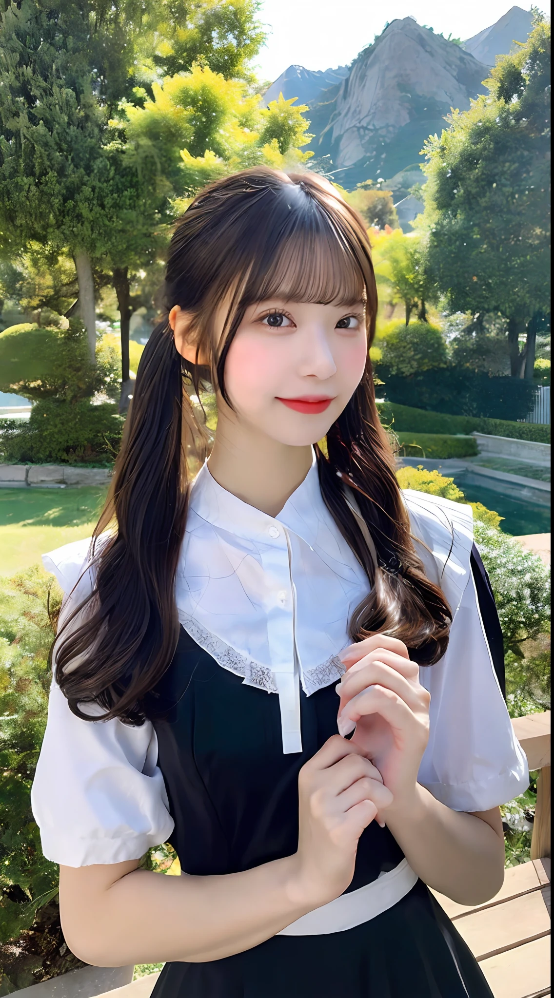 ((Best Picture Quality, 8K, nmasterpiece:1.3)), 1girls, Beautiful woman with slender abs:1.3, (Casual hairstyle, No leakage of big breasts:1.2), one piece dress:1.1, Ultra-fine face, detailed eye, 双眼皮，Smile with，A masterpiece at home, Best quality, Top quality, UltraHighResolution, Lolita_Dress, 1girls, Elaborate Eyes，delicately formed hands, Perfect skin（Skin of natural color），Slim，Model figure，Absurde，Very fine，above the mountains，woods，Cutes，beatifull，double ponytails，maid，silk stockingsa，Deep V clothes，Seducting