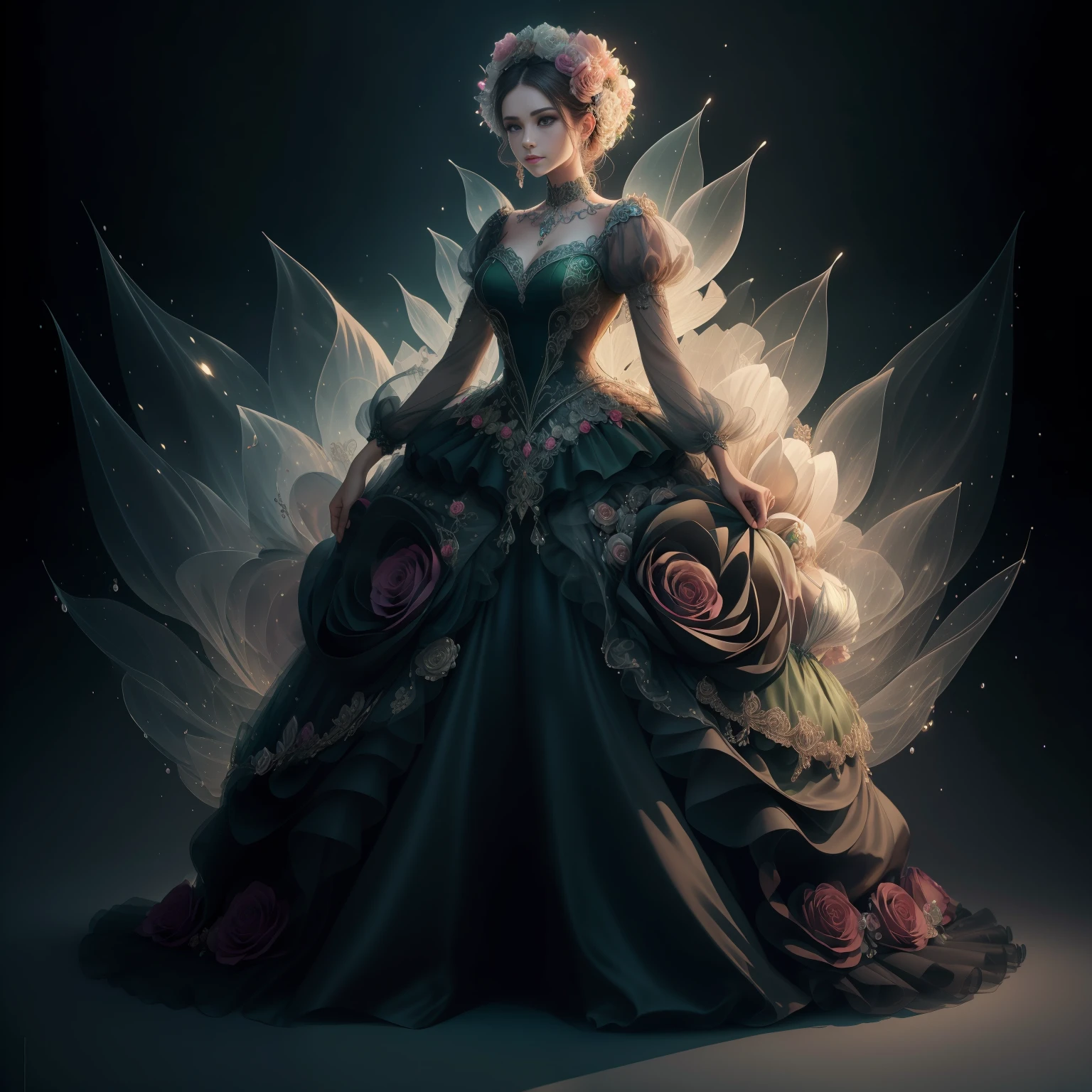 a day of the dead goddess wearing a majestic green ball gown dress with rhinestones and tulle skirt, big beautiful dress, intricate puffy ball gown with lots of ruffles and rhinestones (Masterpiece, Top Quality, Best Quality, Official Art, Beautiful and Aesthetic: 1.2), (1 Flower), Full Body, Extremely Detailed, (Fractal Art: 1.3), Colorful, Most Detailed