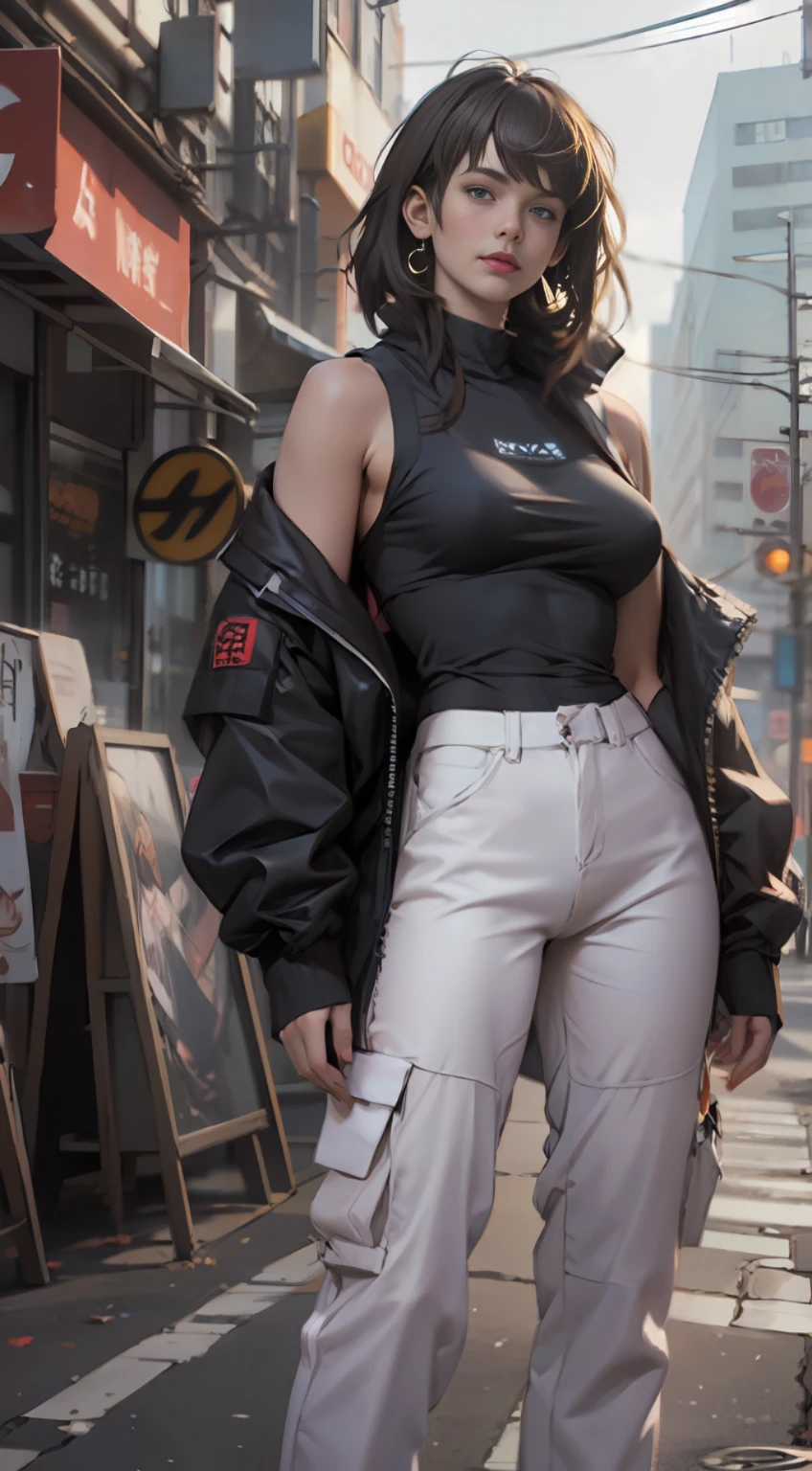 arafed beautyful lady in black jacket and white pants standing on street corner, loose tank top, high waist cargo pants. cyberpunk city, standing tall, busty, in a city street, Shifted Bangs Japanese Haircut, wearing urban techwear, realistic depiction, standing in a city center, an ultra realistic, promo image, techwear look and clothes, in city street, hyper-realistic, hyper - realistic, wojtek fus, hyper realistic style