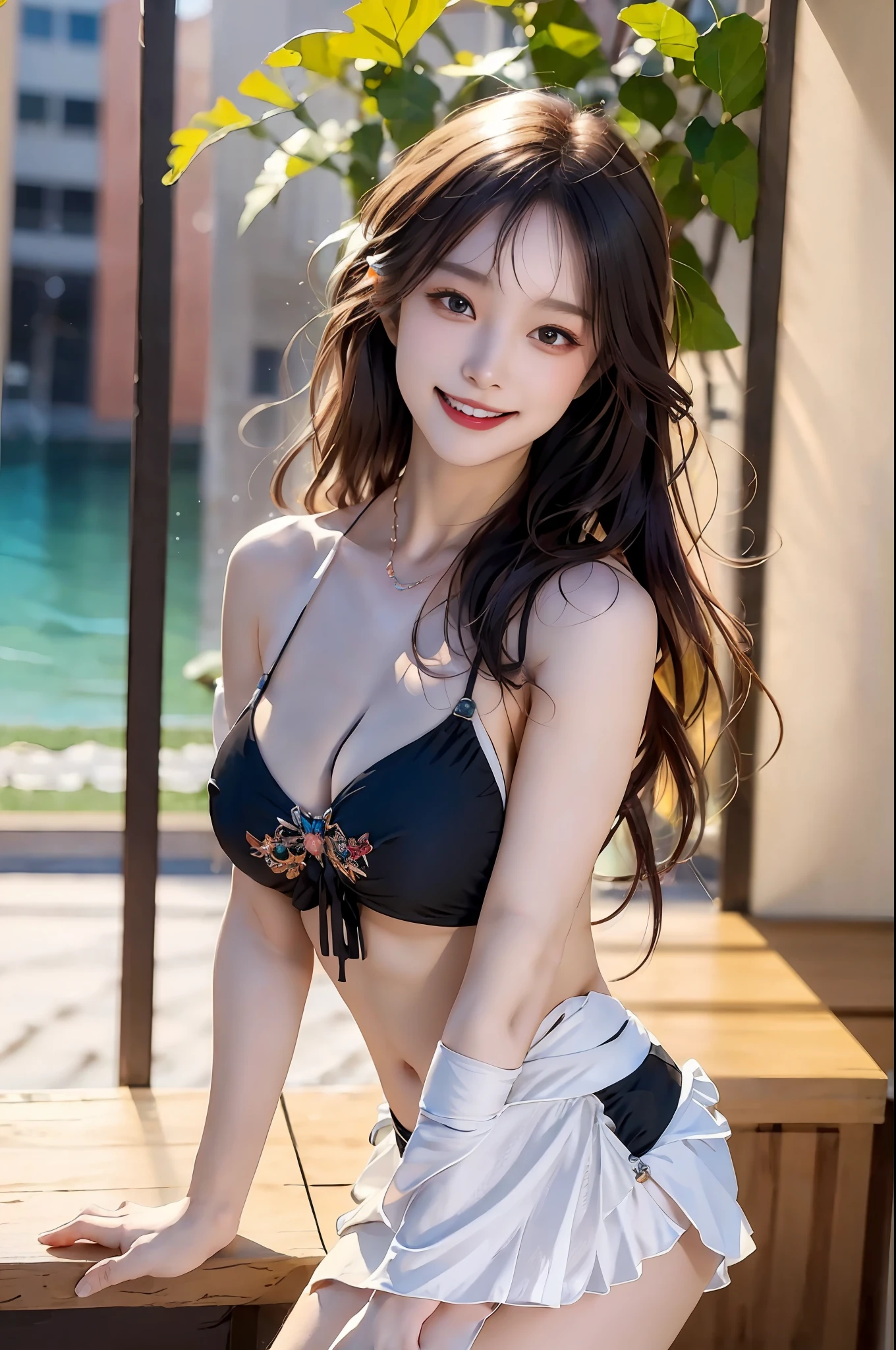 (8k, RAW photo, ultra high res, best quality, masterpiece:1.2), (realistic illustration), (extremely detailed CG unity 8k wallpaper), absurdres,
1 girl,21 yo, beautiful face,medium breasts,black medium hair,smile,tilting head,grin,full body type,bikini