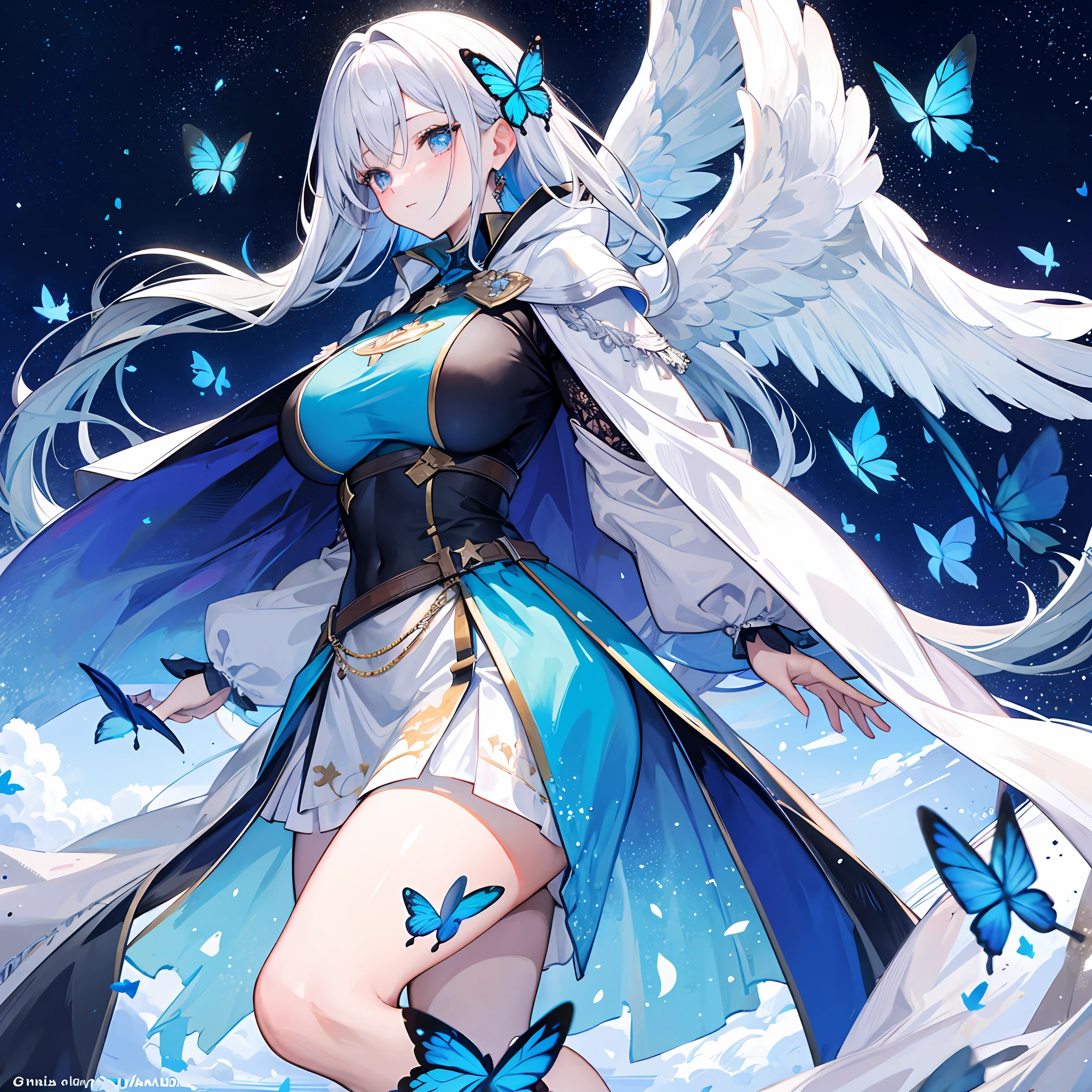 Huge pure white wings,The river of stars is surging,Dark blue butterfly,Stars under the cloak