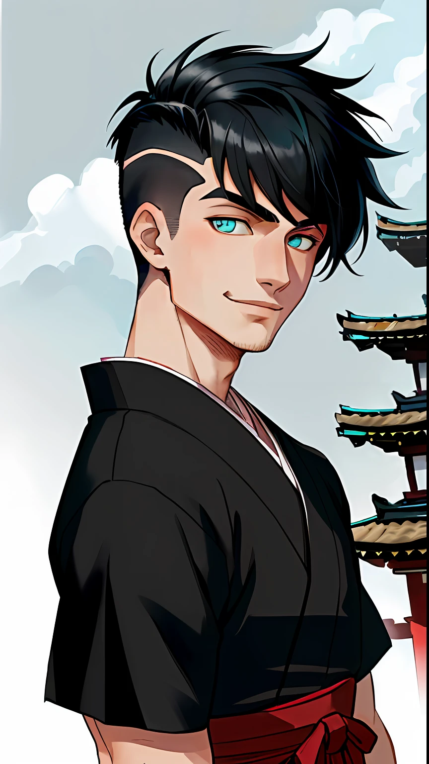 (((masterpiece))),(((best quality))),(((absurdres))), portrait, 1boy, 18 years old, detailed eyes, bright eyes, turquoise eyes, (black hair), undercut, spiky hair, (right side bangs), half-smile, red hakama, short sleeves, japanese village background