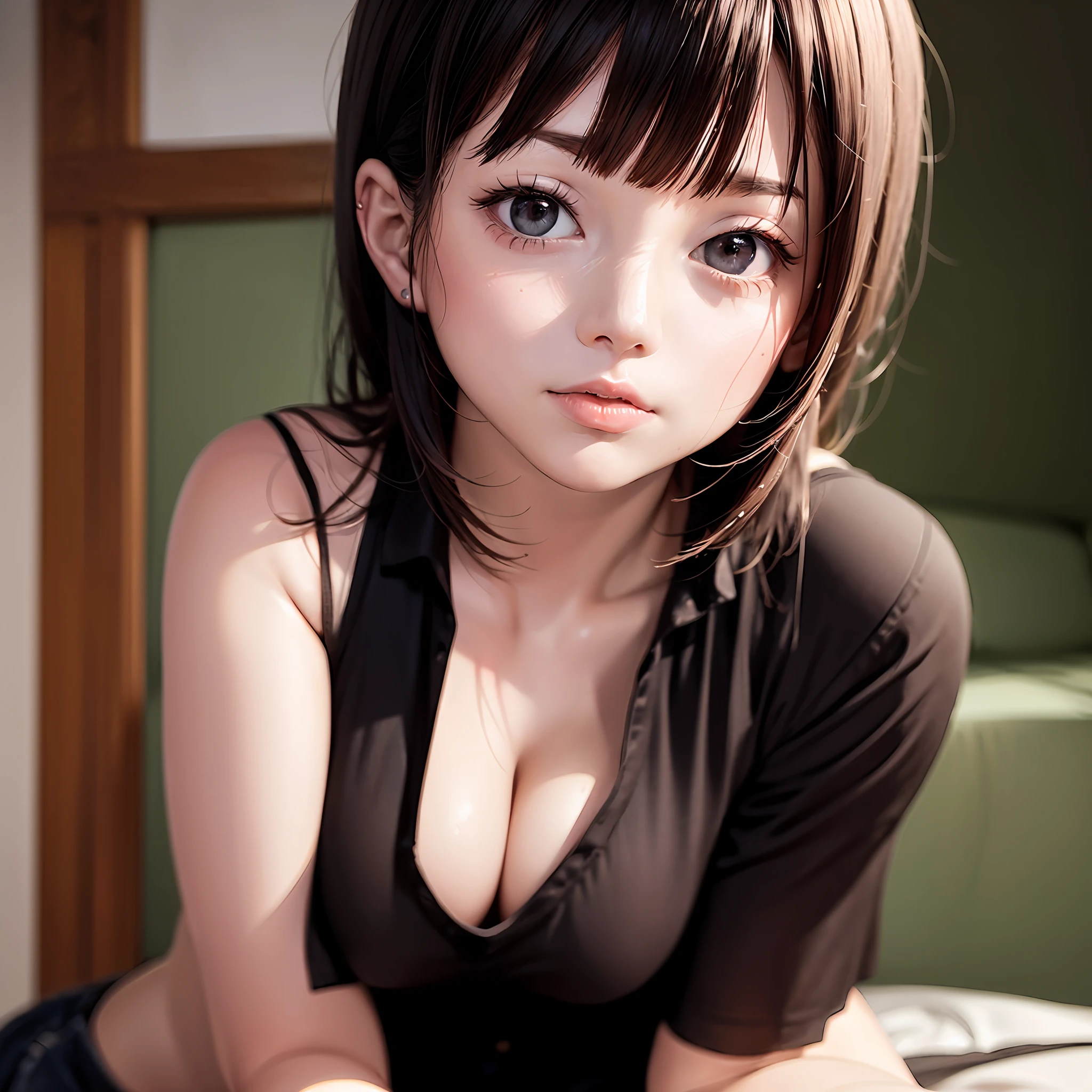 Realistic Girl、Ultra-high-definition skin、Aika Sawaguchi、You can see cleavage from black clothes、short pants、fishnet tights、Beautie、Depth of subject、Raw photo、Realistic --auto