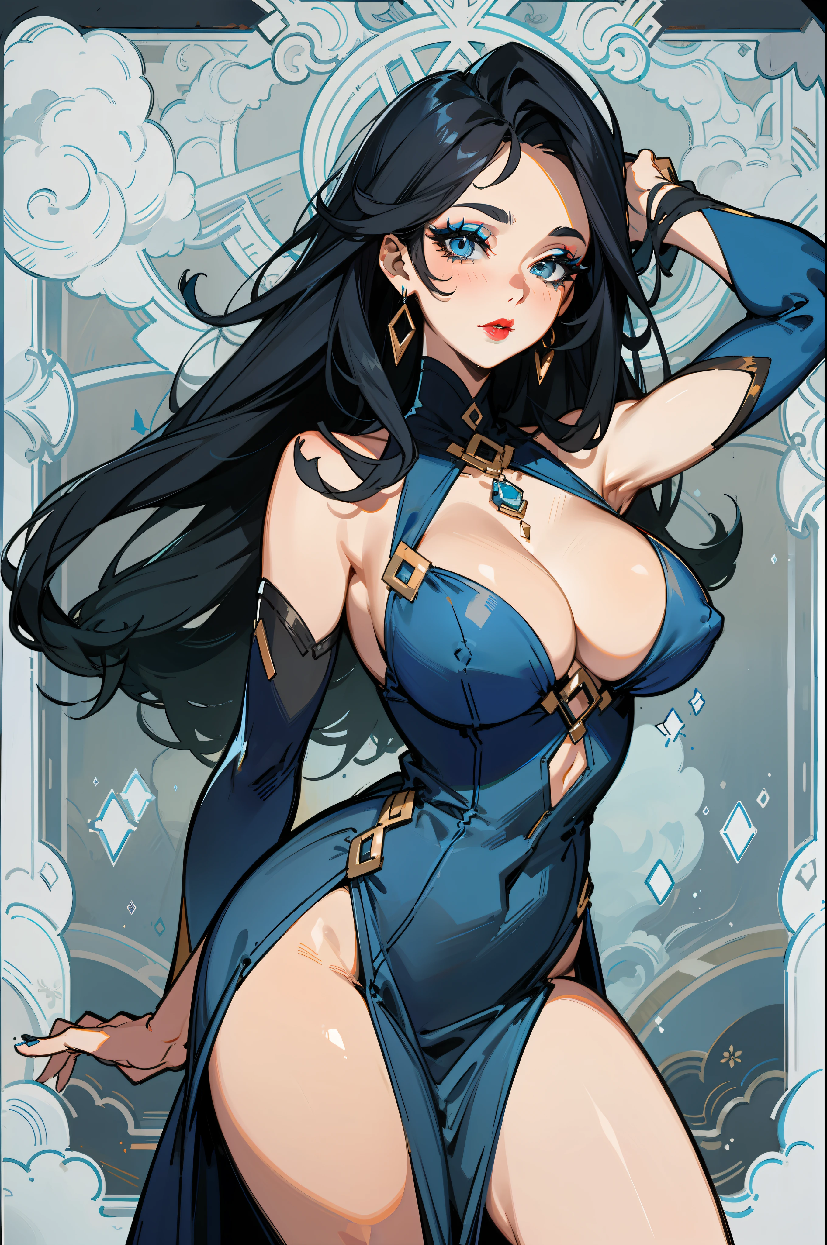 A sensual woman with long black hair, large breasts, thick thighs, blue eyes, makeup, red lipstick on her lips, shuddering beauty, seductive look, wearing a blue dress, multiple poses, shapes and expressions, hair in the wind.