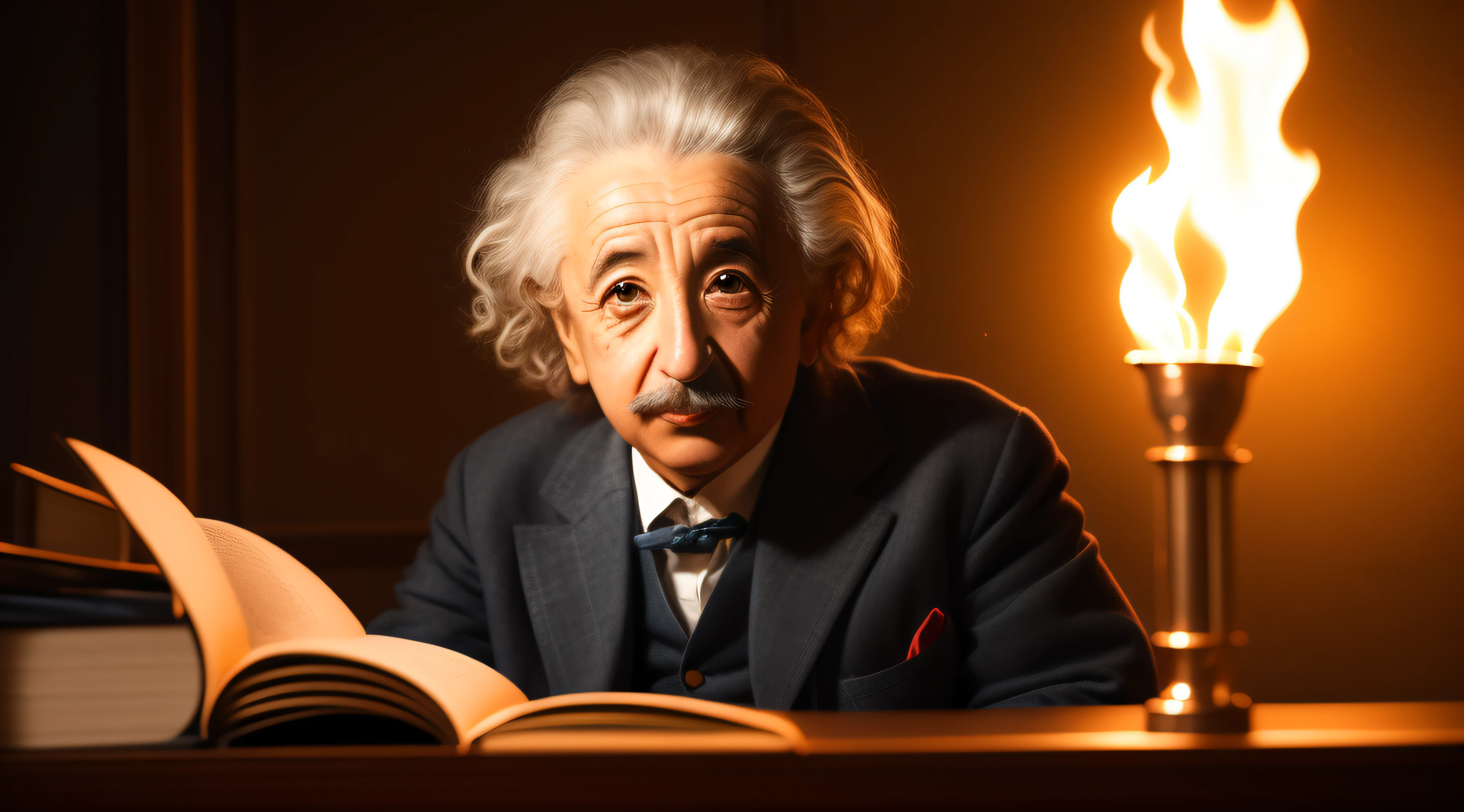 Albert Einstein, the renowned physicist, engrossed in his studies, sits next to a flickering torch that casts a warm and mesmerizing glow. The dimly lit room exudes an atmosphere of both tranquility and intellectual pursuit. With focused determination, Einstein pores over books and scientific papers, his face illuminated by the dancing flames of the torch. The juxtaposition of light and shadow creates a sense of mystery and contemplation, underscoring the profound nature of his research and the relentless quest for knowledge. This evocative scene captures Einstein's insatiable curiosity and his unwavering dedication to unraveling the secrets of the universe.