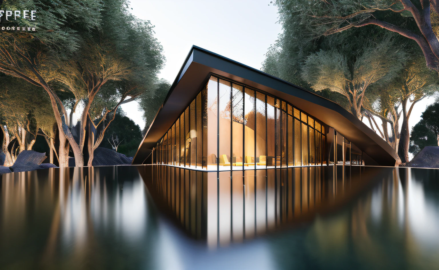 ((masterpiece, best quality)), 8k, modern architecture style, photo realistic, david chipperfield, hyper detailed photo, single box, a digital 3d render of a building, Glass building, leansflare, Water body, Night time