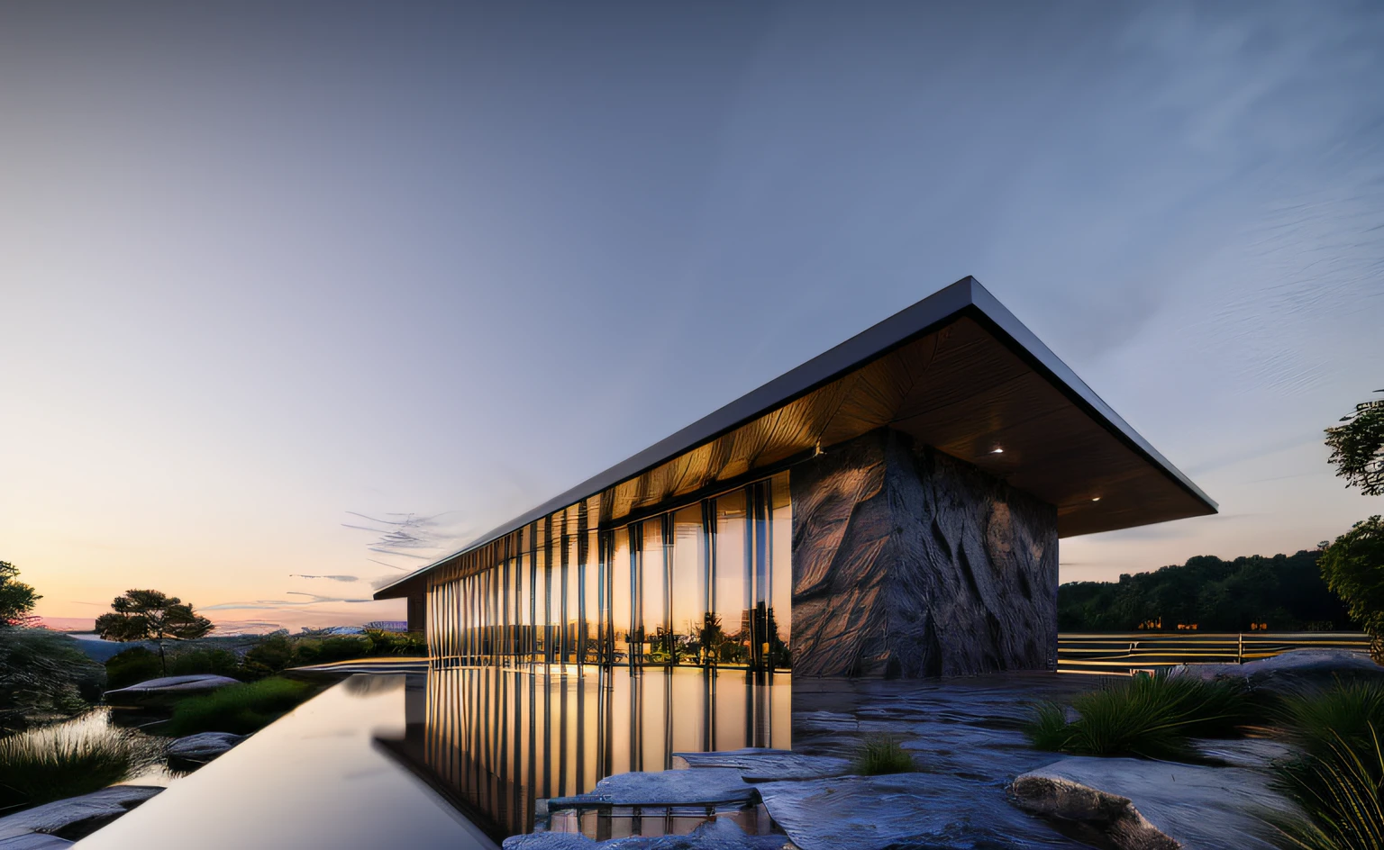 ((masterpiece, best quality)), 8k, modern architecture style, photo realistic, david chipperfield, hyper detailed photo, single box, a digital 3d render of a building, Glass building, leansflare, Water body, Night time