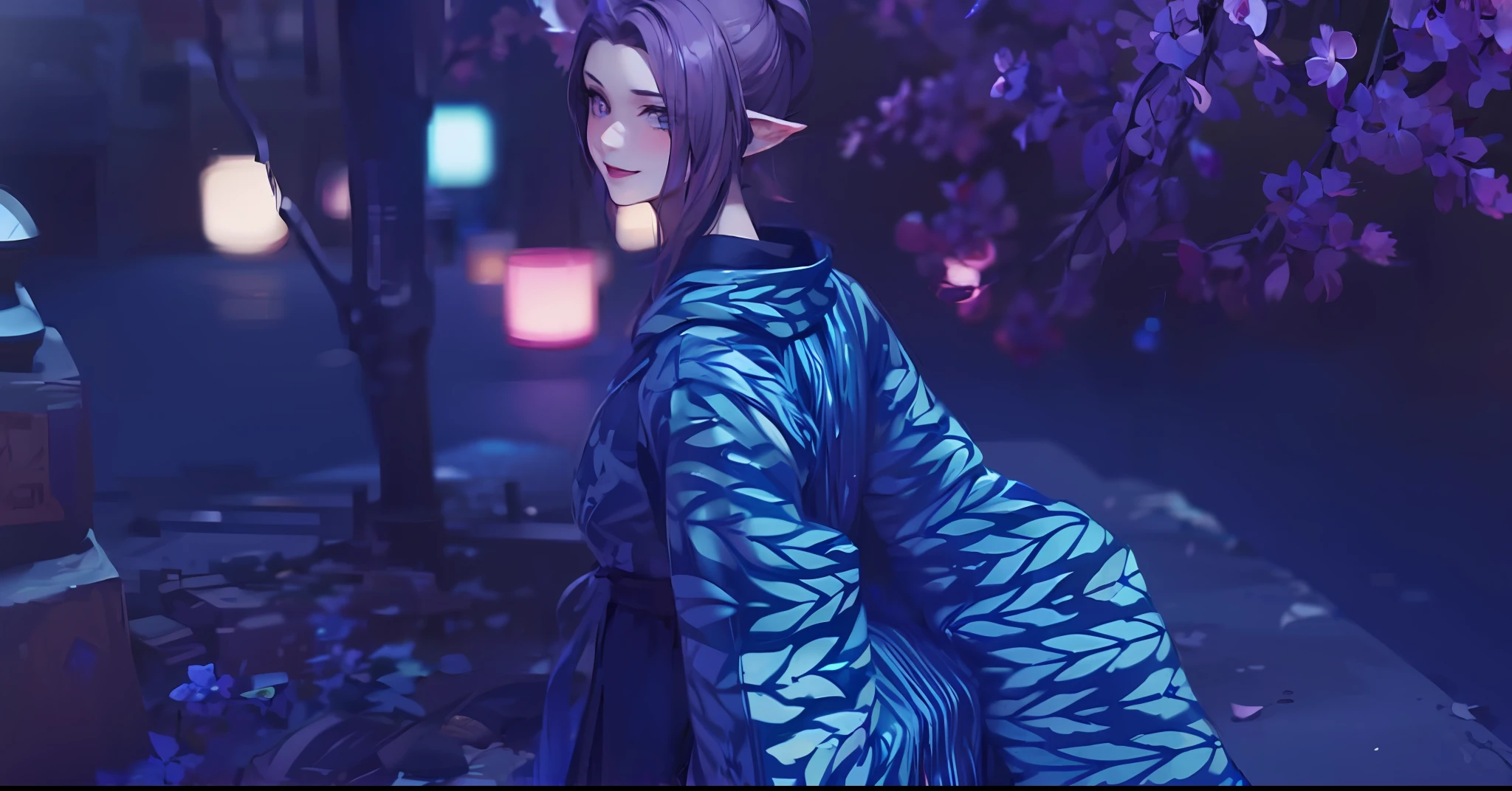 a close up of a screenshot of a female character in a video game, Elezen race, smiling beautiful face, small eyes, blushing cheeks, cherry blossom tree, dark violet lipstick colour,  Gridania,  final fantasy 1 4 screenshot, final fantasy 14 sharp, final fantasy 14 style, tranding on pxiv, final fantasy 1 4, ffxiv heavensward, ffxiv, final fantasy xiv, an epic majestical degen trader, trending on pxiv