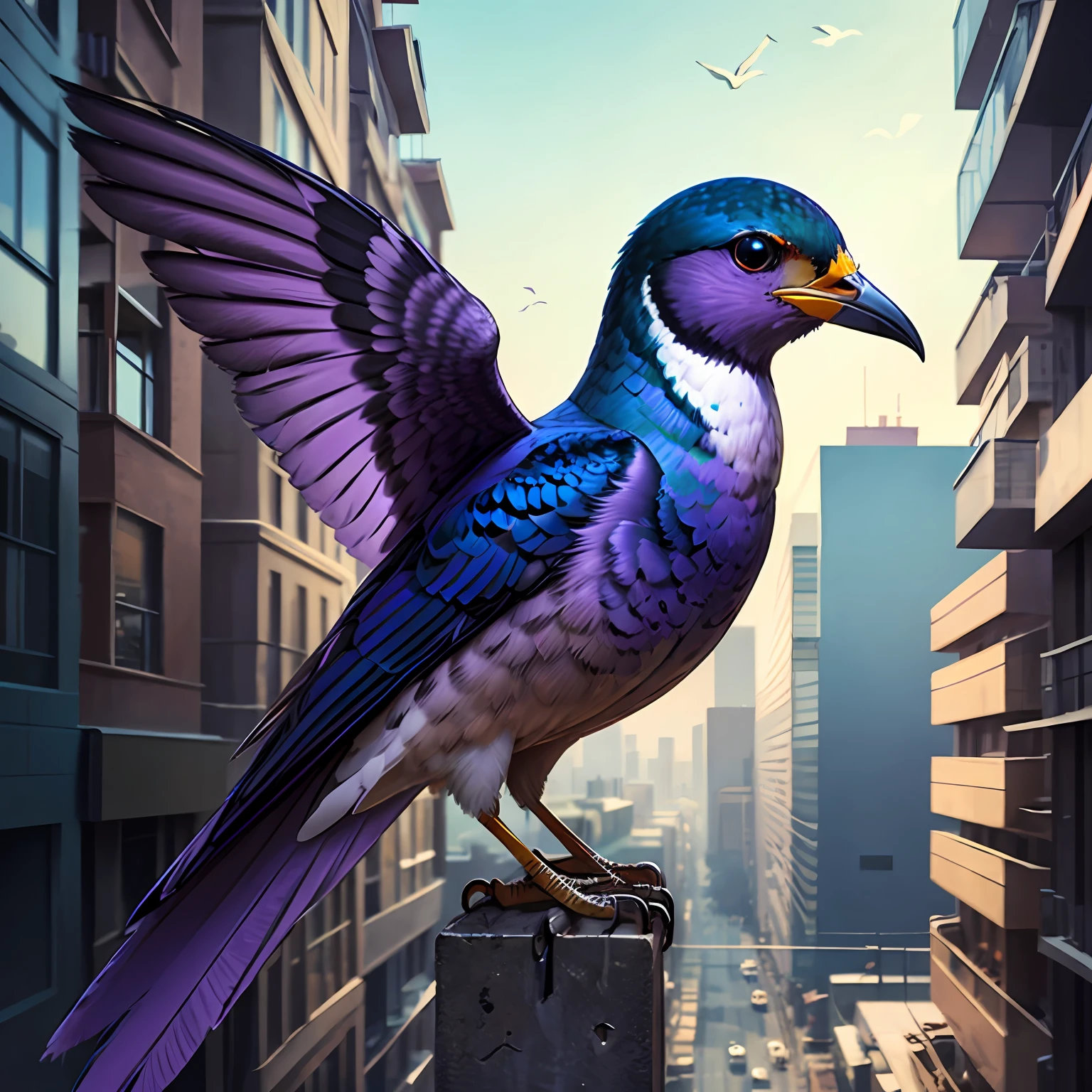 Nice purple swallow with open beak on the justified right and in the background a purple theme with futuristic and urban style --auto