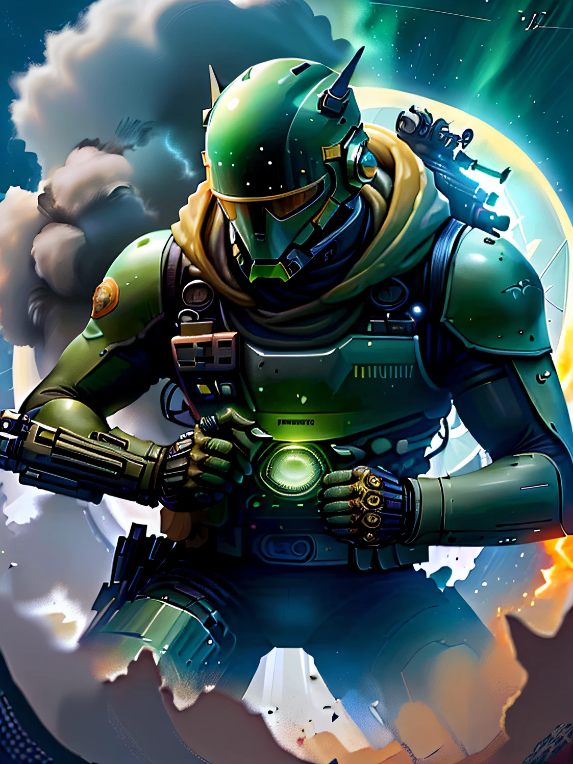 ((Male Technological Policeman)), (trajes verde e vermelho), head sirens, ((Golden Sun Coat of Arms)), Visor azul, arma de fogo detalhada, Militarized police, cidade futurista.