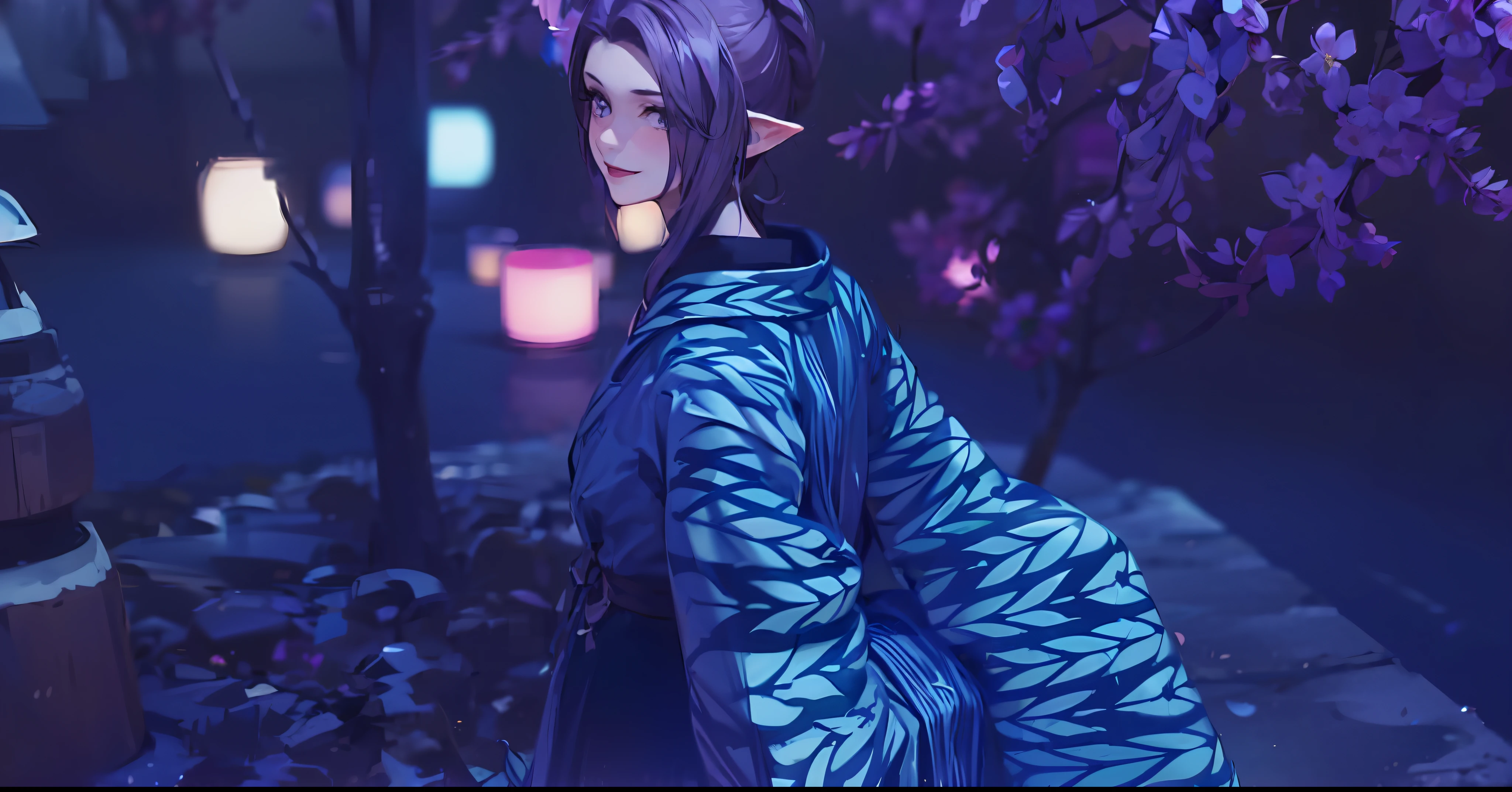 a close up of a screenshot of a female character in a video game, Elezen race, smiling beautiful face, small eyes, blushing cheeks, cherry blossom tree, dark violet lipstick colour, Gridania, final fantasy 1 4 screenshot, final fantasy 14 sharp, final fantasy 14 style, tranding on pxiv, final fantasy 1 4, ffxiv heavensward, ffxiv, final fantasy xiv, an epic majestical degen trader, trending on pxiv