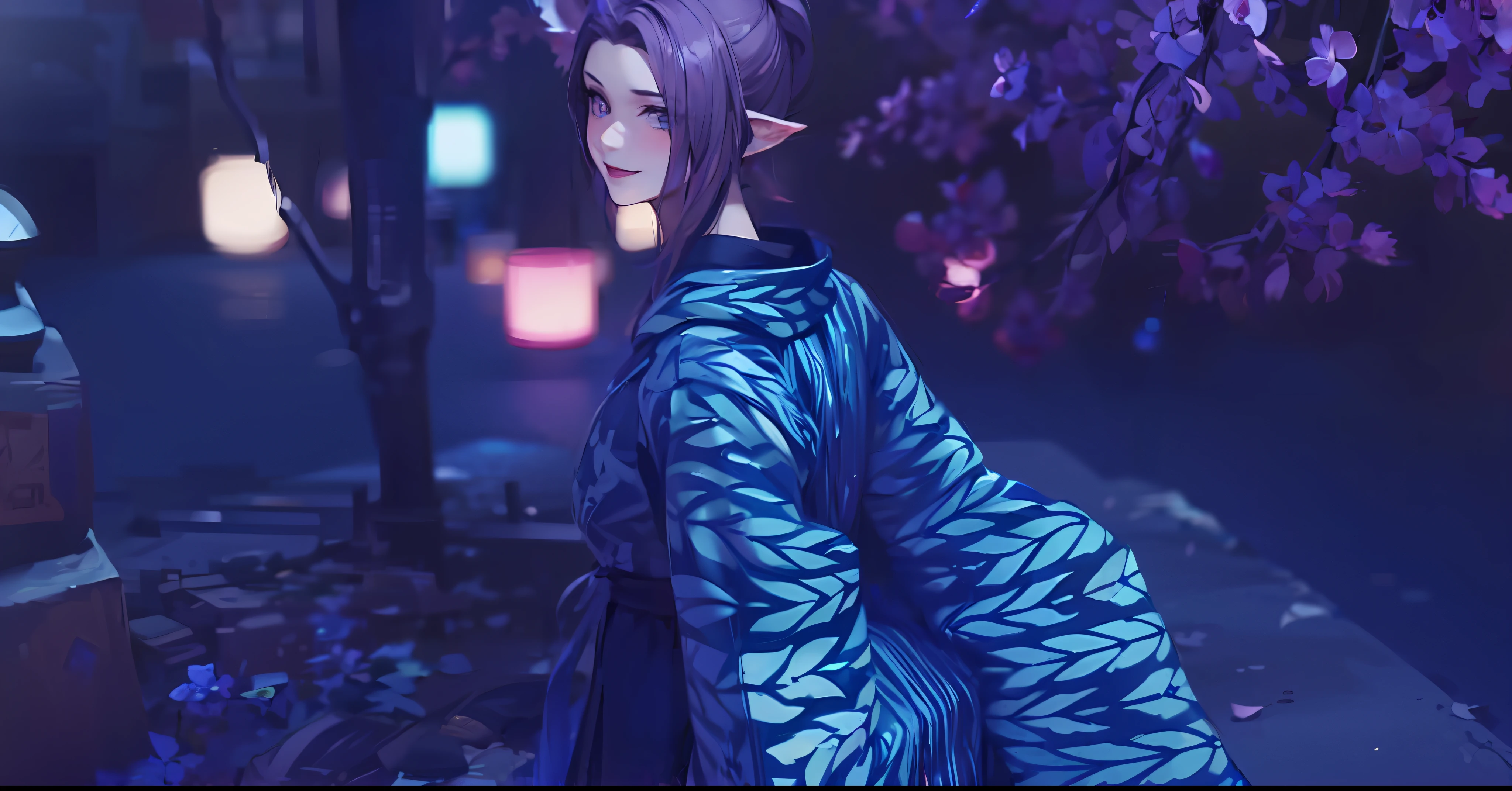 a close up of a screenshot of a female character in a video game, Elezen race, smiling beautiful face, small eyes, blushing cheeks, cherry blossom tree, dark violet lipstick colour, Gridania, final fantasy 1 4 screenshot, final fantasy 14 sharp, final fantasy 14 style, tranding on pxiv, final fantasy 1 4, ffxiv heavensward, ffxiv, final fantasy xiv, an epic majestical degen trader, trending on pxiv