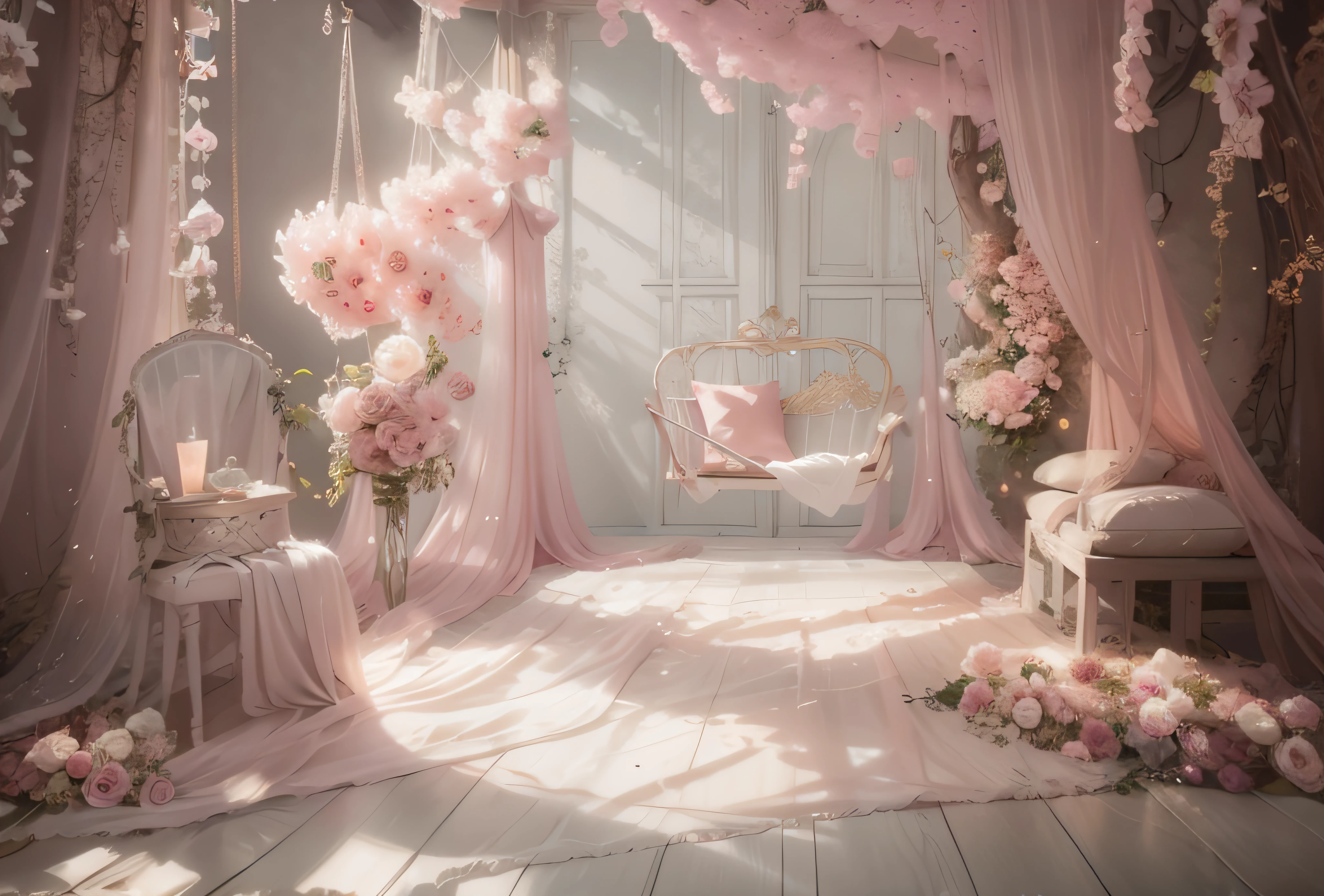 there is a room with a swing bed and a chair with flowers, dreamy atmosphere and drama, Hermoso render de un cuento de hadas, magical fairy background, very magical and dreamy, dreamy atmosphere, ethereal and dreamy theme, con colores rosas suaves, ethereal fairy tale, magical dream-like atmosphere, Fondo de estilo cuento de hadas, dreamy and detailed, soft ethereal lighting, Ambiente de hadas