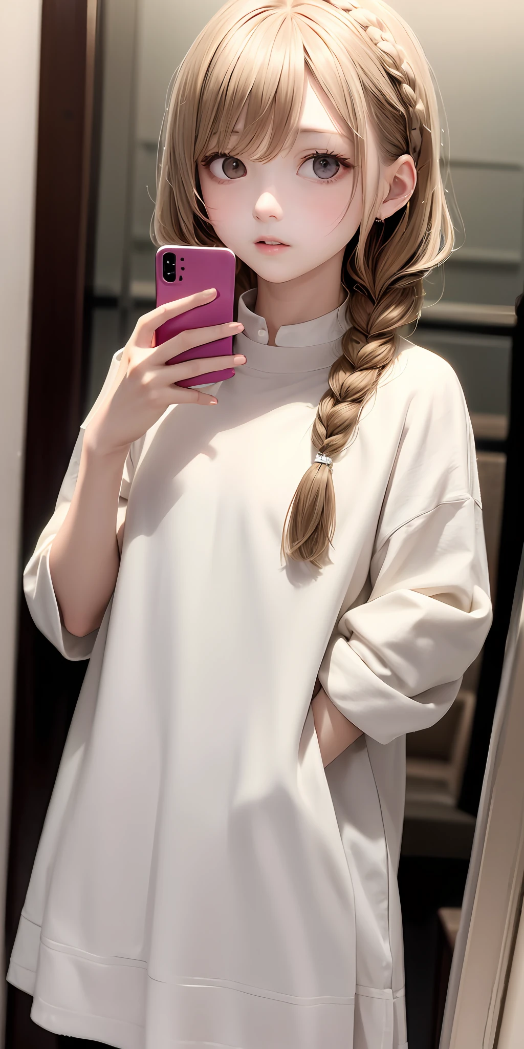of the best quality、A masterpice、shiraga、odd eye、white clothing、look up to、Haut du corps、Hair strands、fair complexion、Side braid、Smartphone
