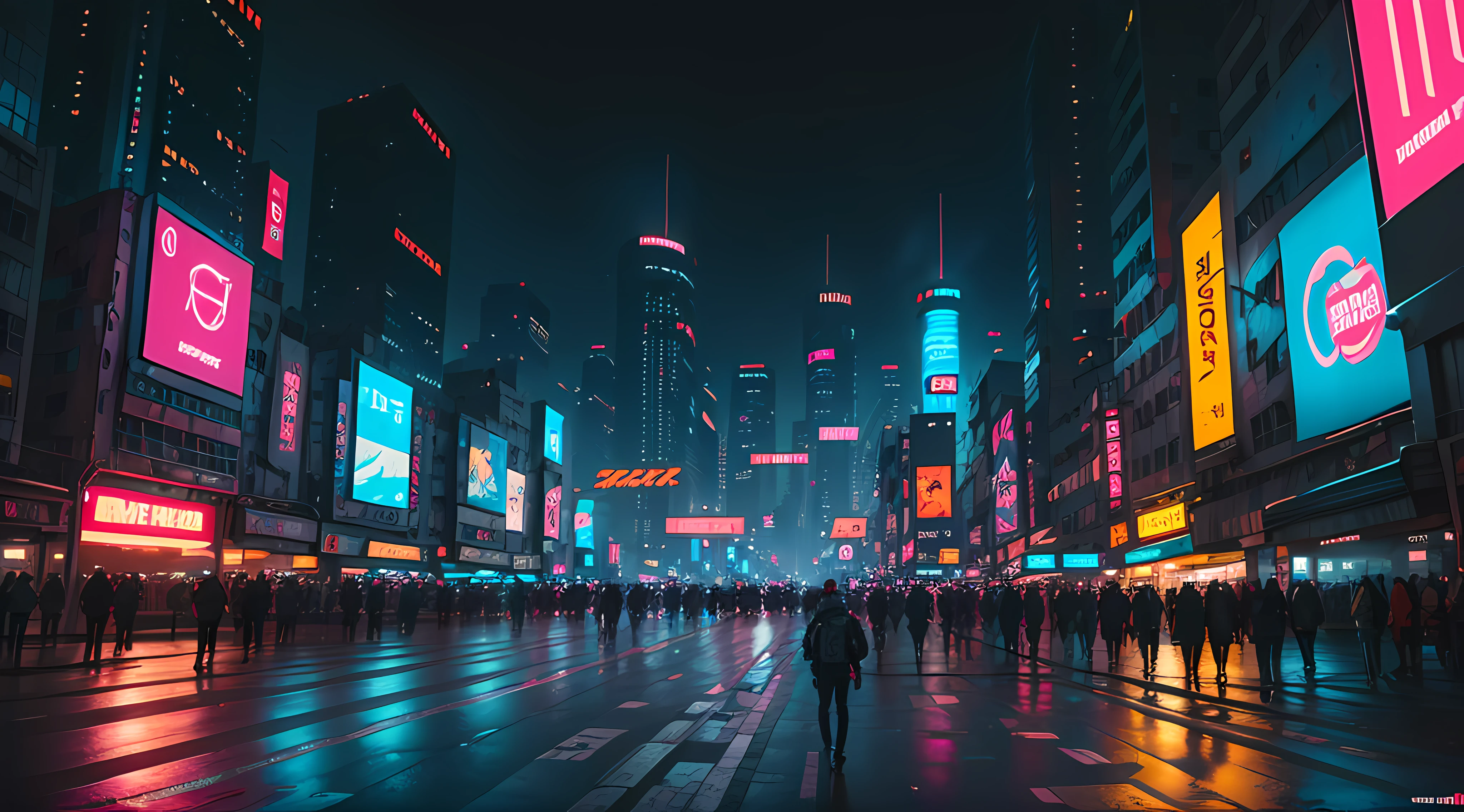 Technological cyberpunk city with neon lights and screens everywhere with flying cars without people --auto