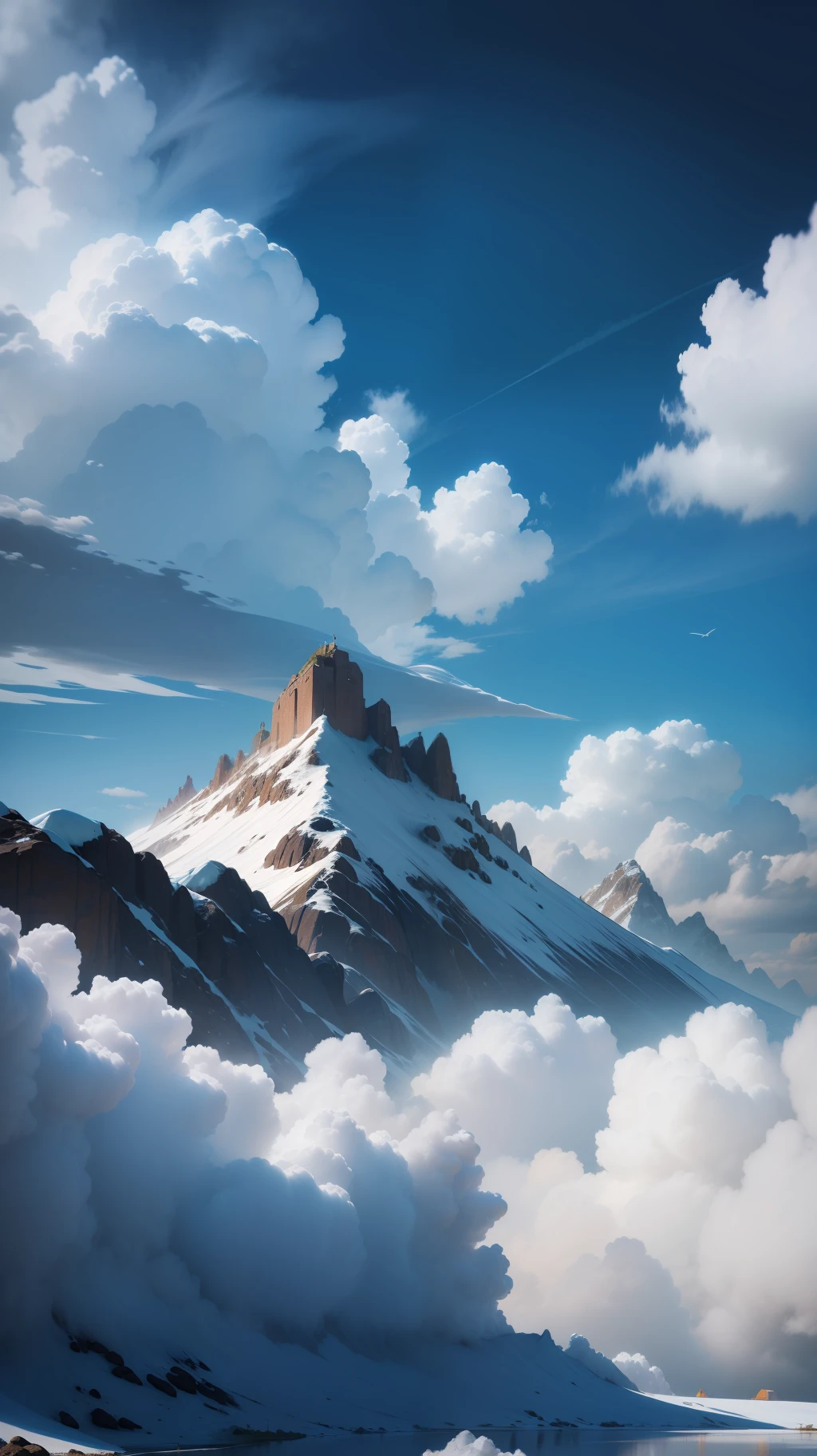 blue skies, nuvens brancas , montanhas de neve, londo riacho, realista, 4k