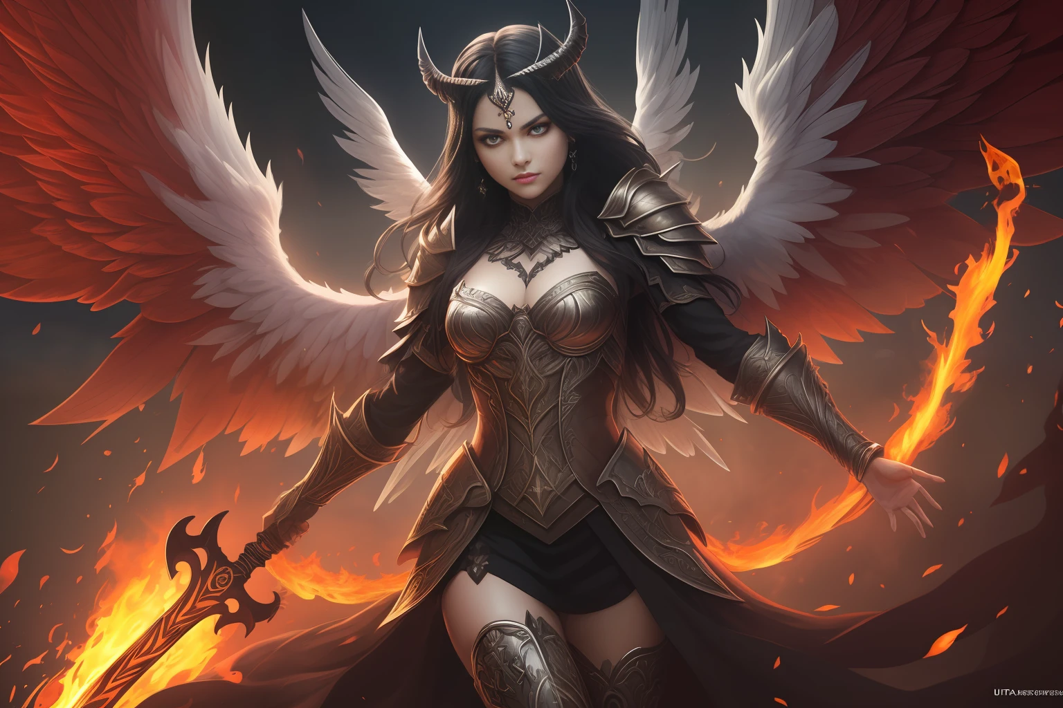 (extremely detailed CG unity 8k wallpaper,masterpiece, best quality, ultra-detailed, beautiful detailed eyes:1.2),best illumination, (best shadow, an extremely delicate and beautiful, bloom),
1gril,solo,red eyes,Heavy armor,long hair,holding sword,Angel wings,black wings,red jewelry,(big wings:1.4),Film filter,Satan, Hellfire,full body,demon,flame,