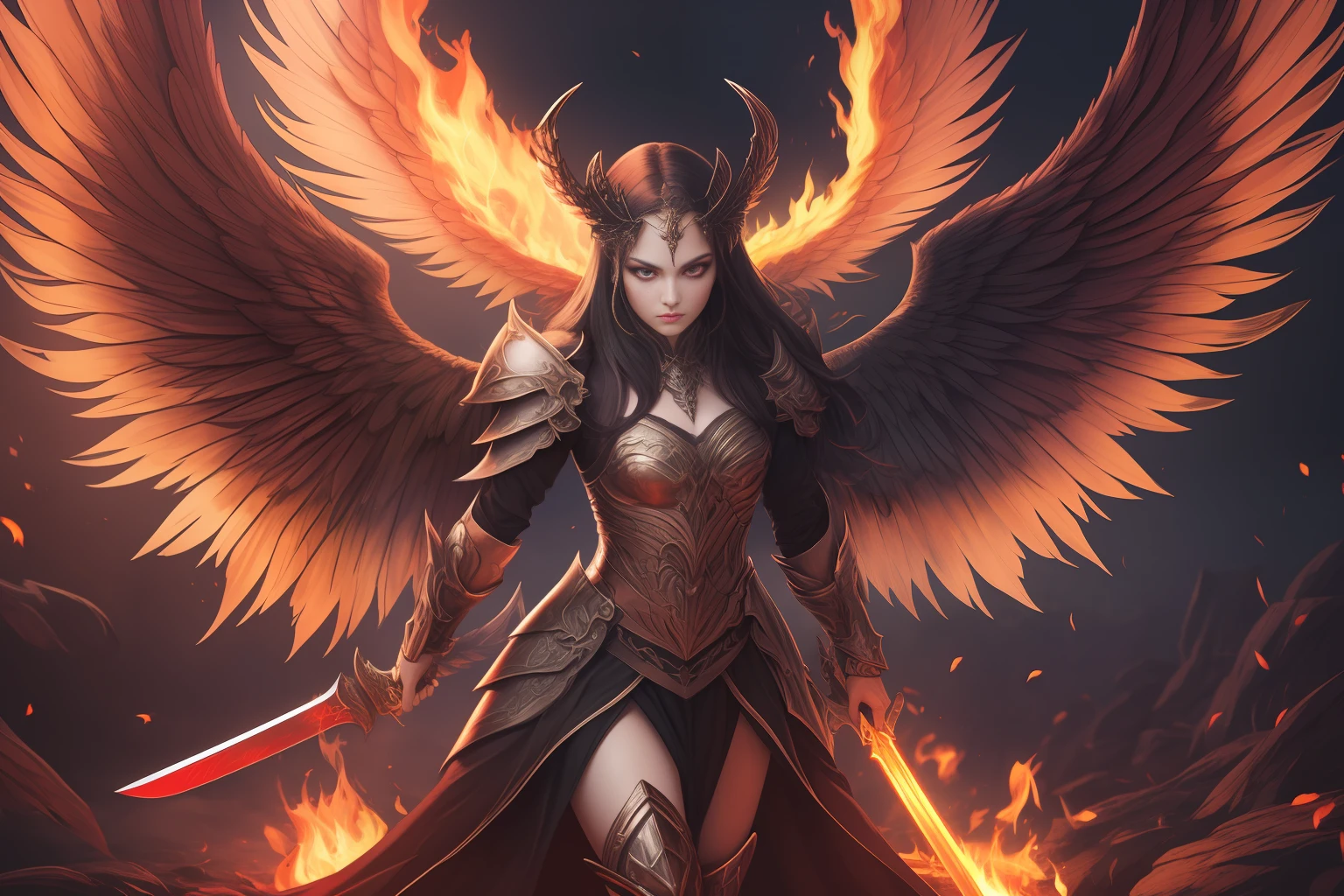 (extremely detailed CG unity 8k wallpaper,masterpiece, best quality, ultra-detailed, beautiful detailed eyes:1.2),best illumination, (best shadow, an extremely delicate and beautiful, bloom),
1gril,solo,red eyes,Heavy armor,long hair,holding sword,Angel wings,black wings,red jewelry,(big wings:1.4),Film filter,Satan, Hellfire,full body,demon,flame,