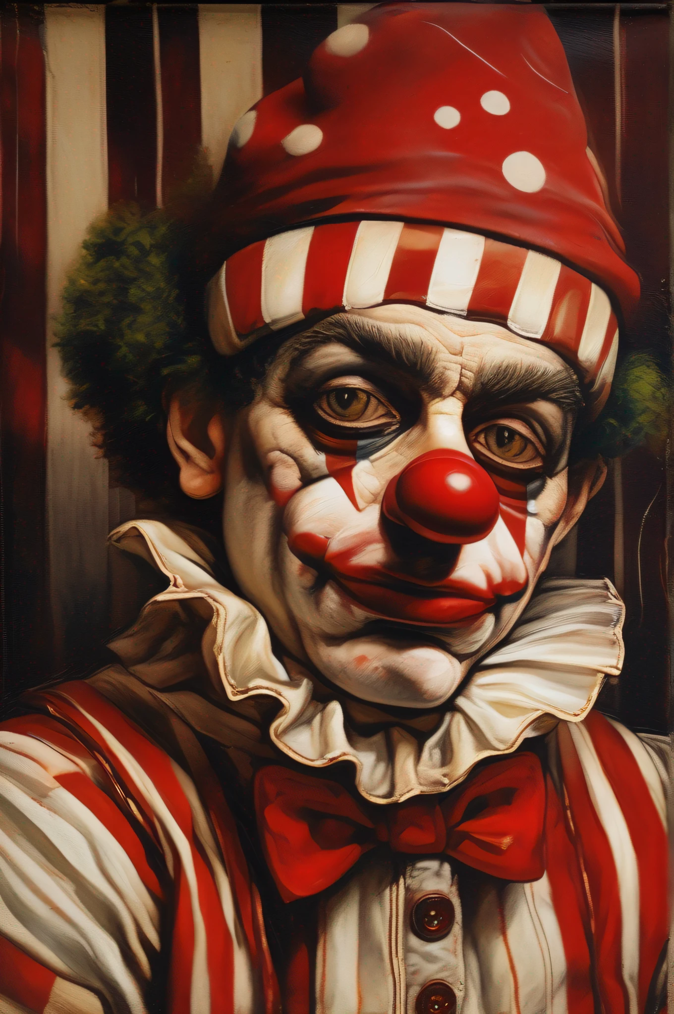 painting of a clown with a red and white hat and a red and white striped shirt, Retrato do artista circense, Saturno Butto. Arte oculta, Retrato de um patchwork, Saturno Butto, inspirado em Ravi Zupa, inspirado em J.C. Leyendecker, inspirado em J. C. Leyendecker, Adriano Borda