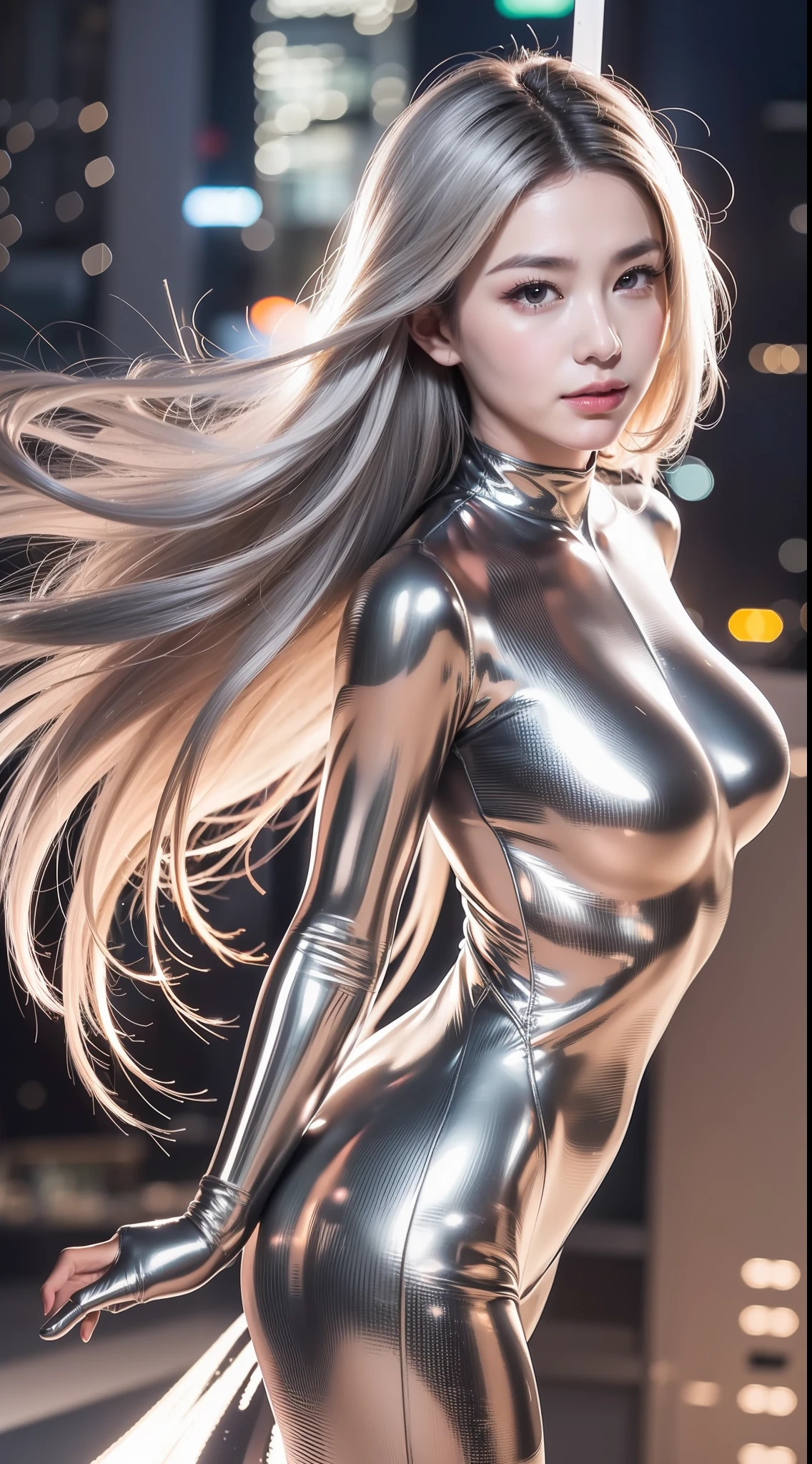 （nmasterpiece、need、Ultra-delicate、high resolucion），（(She has long silver hair，A meticulous face，Nice face，The face of a human woman：1.6)），(((Female giant)))，(((No muscles)))，(The body is made of silver，The arms present a streamlined design，Looks tall and thin，The overall shape is streamlined and modern)，(standing pose)，posing for picture，High angle，nigth，city ruins，detail on the backdrop，（（（Whole human body））），From above，独奏，(((solo dance)))，(((Huge feeling)))