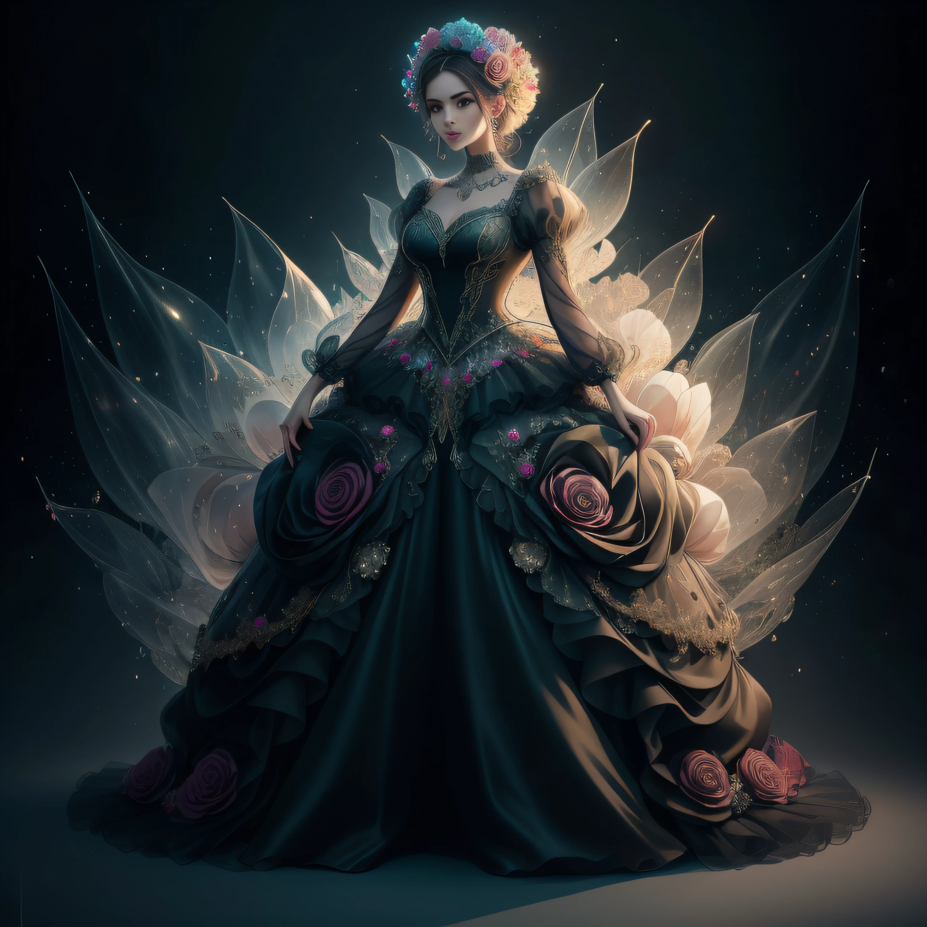a day of the dead goddess wearing a majestic green ball gown dress with rhinestones and tulle skirt, big beautiful dress, intricate puffy ball gown with lots of ruffles and rhinestones (Masterpiece, Top Quality, Best Quality, Official Art, Beautiful and Aesthetic: 1.2), (1 Flower), Full Body, Extremely Detailed, (Fractal Art: 1.3), Colorful, Most Detailed