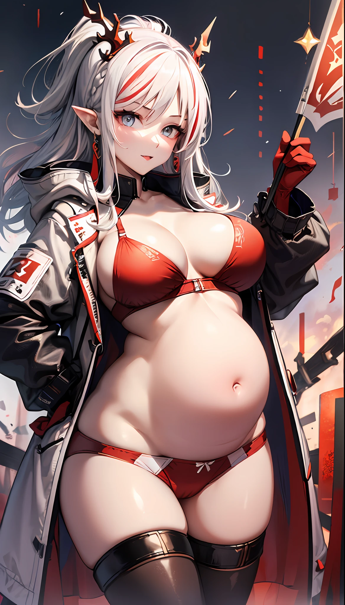 nmasterpiece, of the best quality, PrinzV4, 1girls, 独奏, long length hair, cleavage of the breast, looking at the spectator, Large big tits,Large Big breast, mitts, Belly button, Hold, jackets, Yellow eyes, White hair, red hair, O cabelo multicolorido, Open your clothes, Black gloves, Open jacket, Official alternative costumes, Striped hair, Black jacke, hand on hips, underboobs, headware, Banner, Red panties, Queen of the game, Hold the flag,pregnant women with,shot on the body,cum on stomach,The white liquid is drizzled all over the body