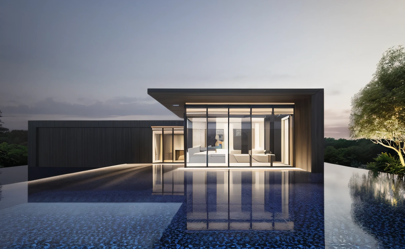 ((obra-prima, melhor qualidade)), 8k, estilo de arquitetura moderna, foto realista, david chipperfield, foto hiper detalhada, single box, A 3D digital rendering of a building, glass building, leansflare, body of water, Night time, hiperealista