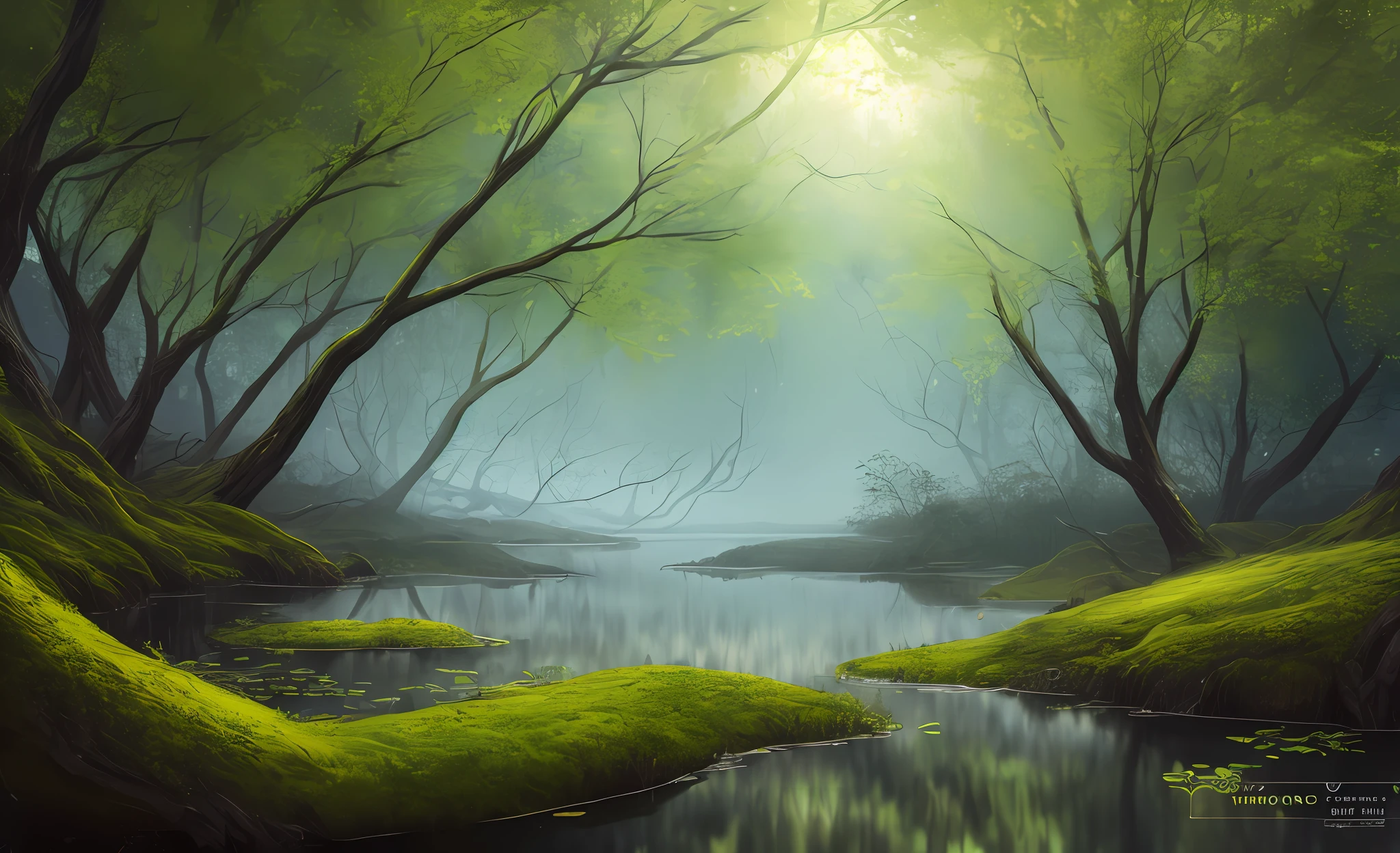 ogic style, ChromaV5, nvinkpunk, (extremamente detalhado CG unidade 8k wallpaper), The landscape of a dark and sinister swamp, the water is still and dark, the trees are twisted and twisted, com musgo pendurado nos galhos, A thick mist hangs in the air, The feeling of discomfort is palpable, Paiting oil, fotografia premiada, Bokeh, Profundidade de Campo,  HDR, bloom, chromatic aberration, fotorrealista, extremamente detalhado, trending in artstation, trend in CGSociety, Intricate, High Detail, dramatic, arte por midjourne