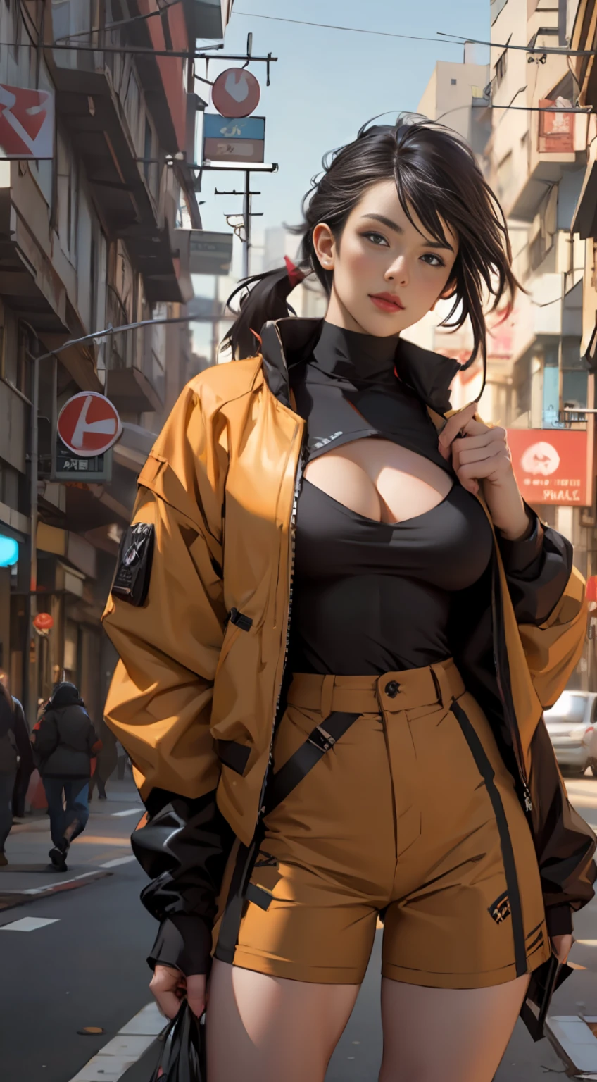 arafed beautyful lady in yellow jacket standing on street corner, pony tail, cleavage, high-waist mini shorts cargo. cyberpunk city, standing tall, busty, in a city street, Shifted Bangs Japanese Haircut, wearing urban techwear, realistic depiction, standing in a city center, an ultra realistic, promo image, techwear look and clothes, in city street, hyper-realistic, hyper - realistic, wojtek fus, hyper realistic style