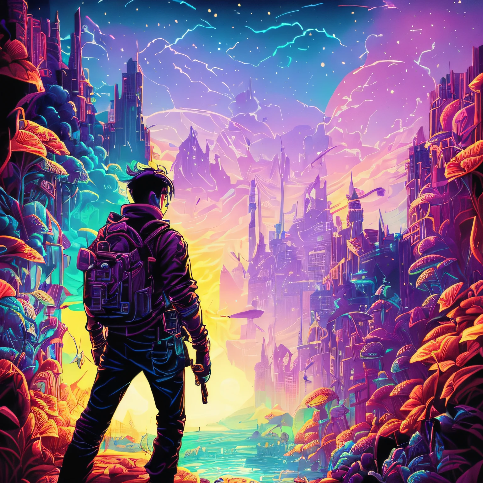 a poster of a man standing in front of a giant moon, No estilo Dan Mumford obra de arte, No estilo de arte de Dan Mumford, inspirado em Dan Mumford, Josan Gonzales e Dan Mumford, Anton Fadeev e Dan Mumford, El Bosco e Dan Mumford, kilian eng cores vibrantes, Dan Mumford Tom Bagshaw, Dan Mumford. maya render