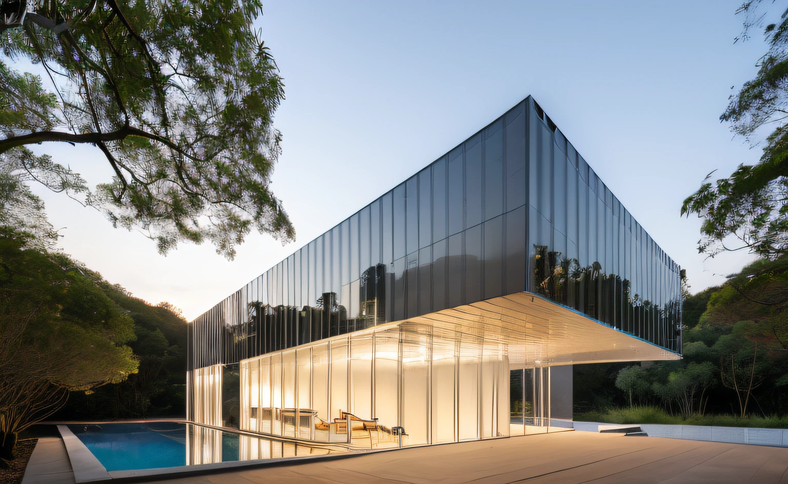 ((obra-prima, melhor qualidade)), 8k, estilo de arquitetura moderna, Foto realista, Renzo Piano, foto hiper detalhada, single box, A 3D digital rendering of a building, glass building, Leansflare, body of water, night time, Hiperealista