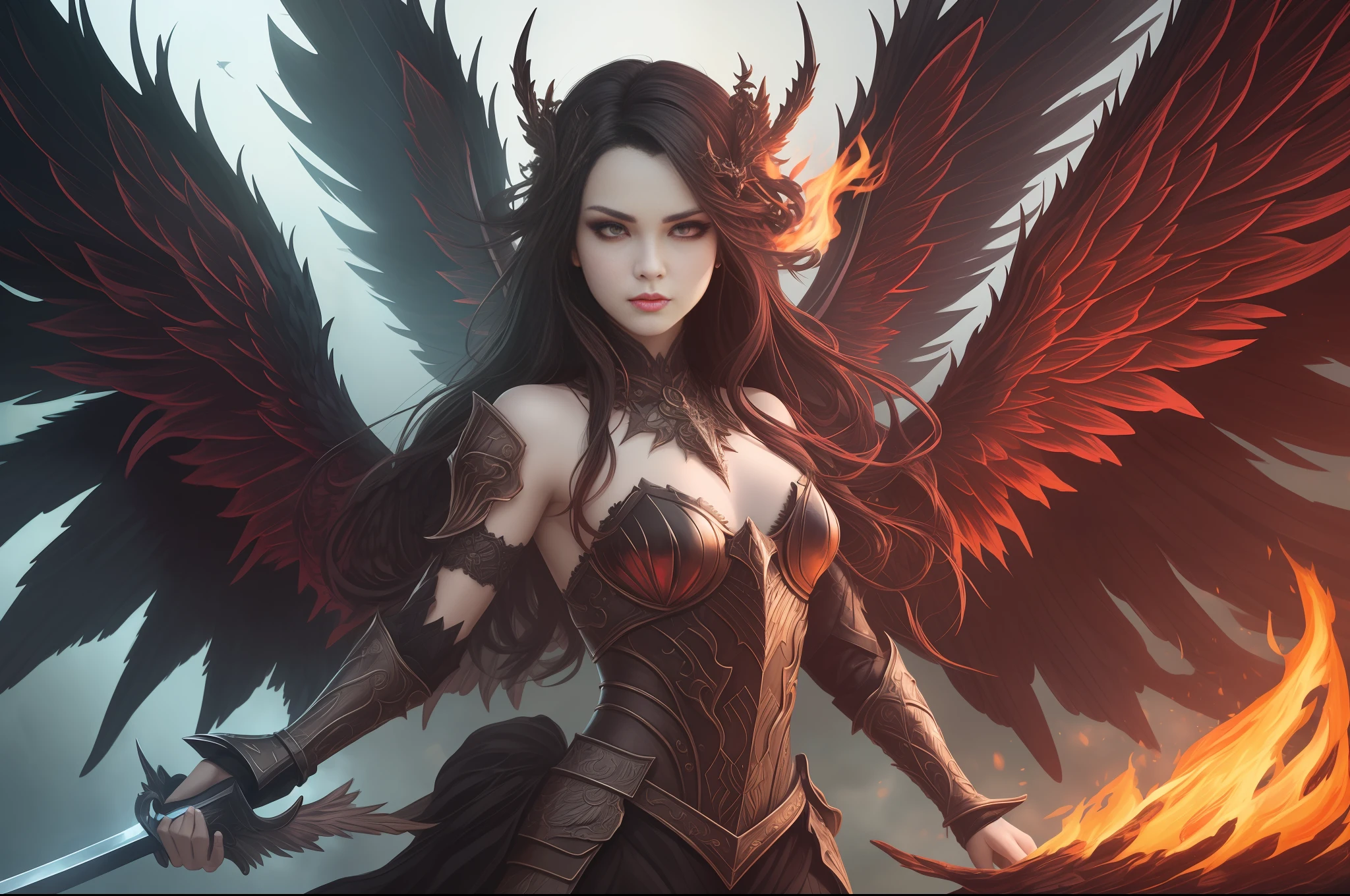 (extremely detailed CG unity 8k wallpaper,masterpiece, best quality, ultra-detailed, beautiful detailed eyes:1.2),best illumination, (best shadow, an extremely delicate and beautiful, bloom),
1gril,solo,red eyes,Heavy armor,long hair,holding sword,Angel wings,black wings,red jewelry,(big wings:1.4),Film filter,Satan, Hellfire,full body,demon,flame,