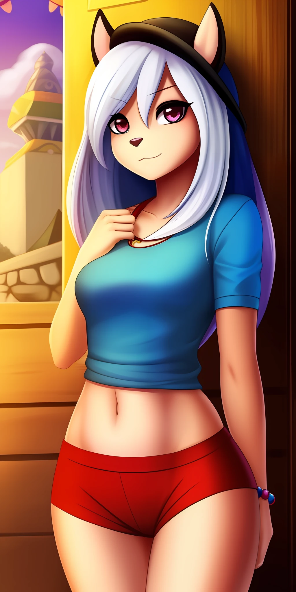 {furry art. 1:4}, femenina, una persona, pelaje esponjoso, chica bonita, cabello blanco y azul, Long hair with horsetail, cabello con volumen, orejas largas y peludas, {Especie:(zorro blanco)} , ojos negros, ojos grandes, {Ropa:(casual, ropa clara, rosa)}, cuerpo cuidado, pechos grandes, caderas grandes