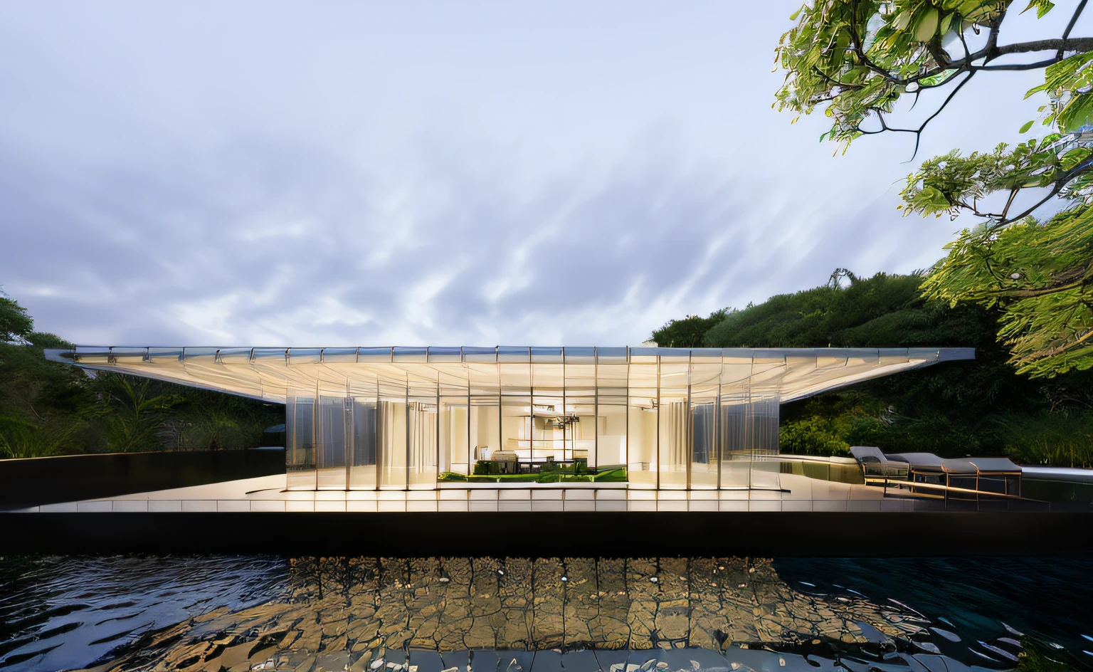 ((obra-prima, melhor qualidade)), 8k, estilo de arquitetura moderna, Foto realista, Renzo Piano, foto hiper detalhada, single box, A 3D digital rendering of a building, glass building, Leansflare, body of water, night time, Hiperealista
