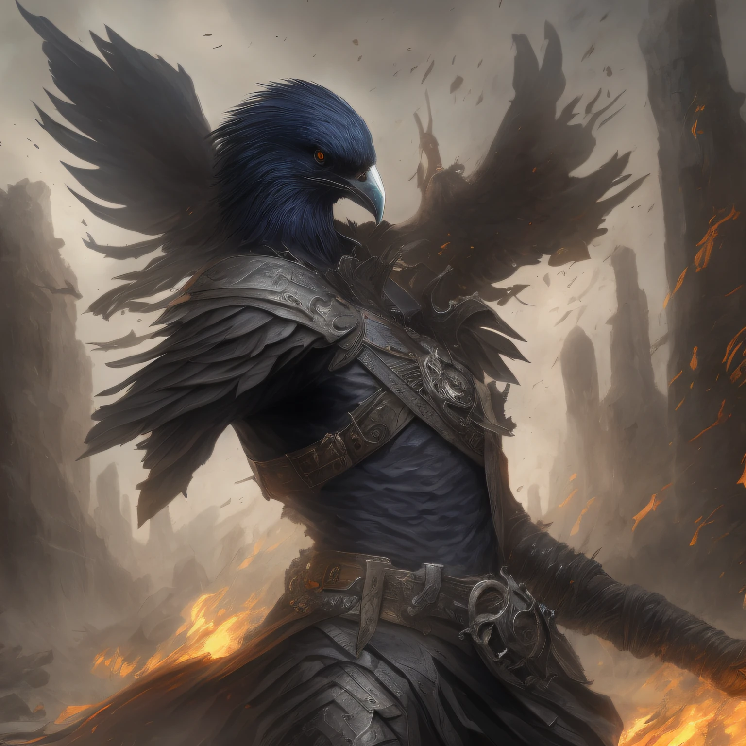 there is a bird that is standing in the middle of a fire, avian warrior, black aarakocra eagle warlord, Arte de fantasia 4k, Arte do Jogo de Cartas de Fantasia, epic fantasy card game art, Arte de fantasia 8k, epic fantasy art, epic fantasy character art, Magic the Gathering Card Art, Epic Fantasy Digital Art Style, epic fantasy game art