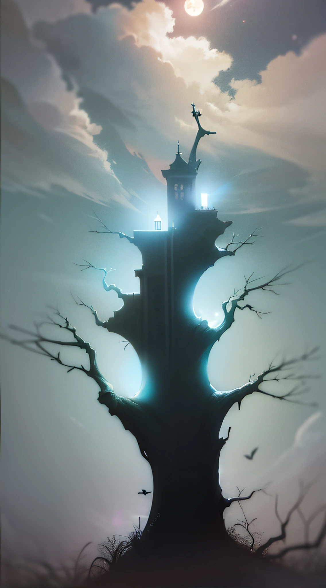 Bosque encantado. Noche. Luz de luna. dynamic shadows. dinamic lighting. Nubes volumetricas. Neblina ligeramente iluminada. Terror. Suspense.
