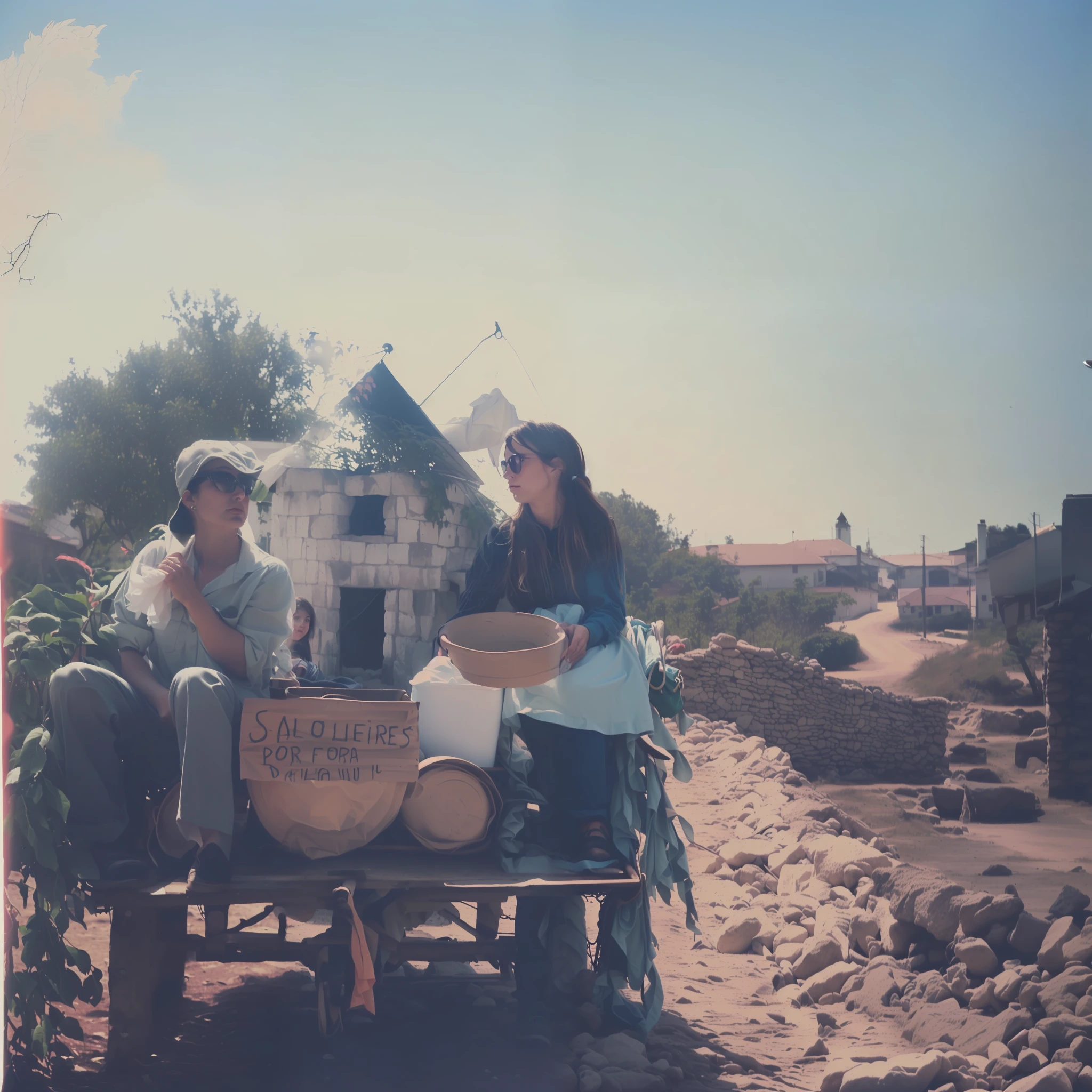 there are two women sitting on a cart with baskets of food, set de fotografia, photographic still, fotografia do set no traje, set foto no figurino, cena de supplizia, um filme ainda, filme promocional ainda, ainda do filme, cena do filme, ( ( fotografia ) ), ainda do filme, ainda do filme, ainda de um filme, filme ainda