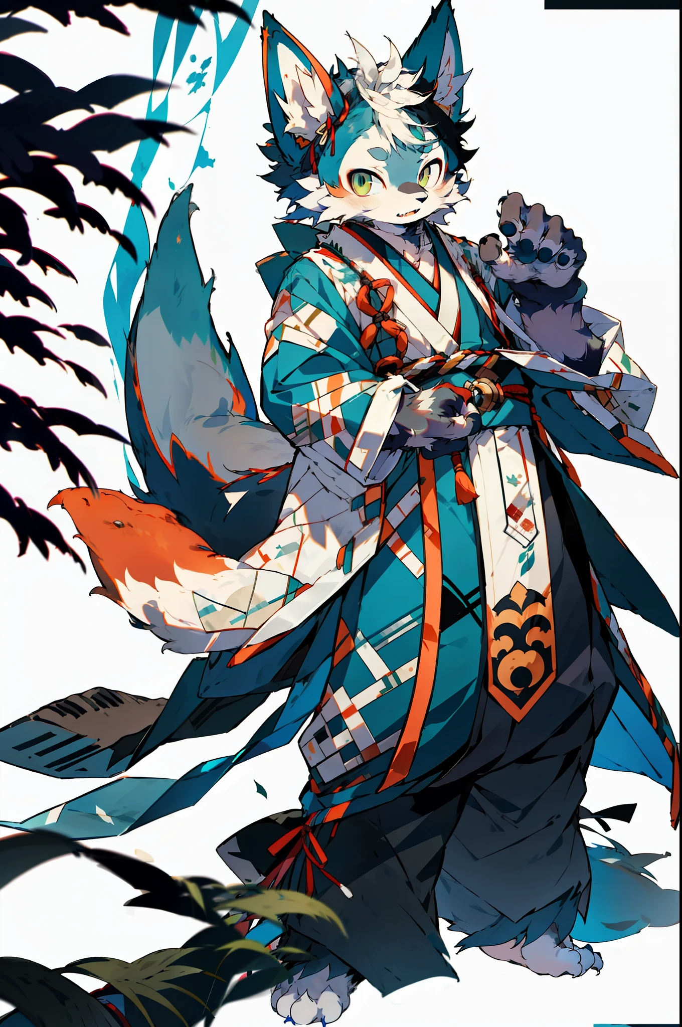 furry,fur,hairy bodies,Hairy limbs,Male fox,Blue-white fur,Japanese style costume