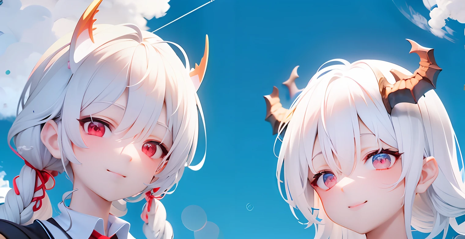 1girls, Red eyes、Sharp eye light、red necktie、Black Jacket、smile on face、White hair、Braids、Dragon Wings、Dragon's horn、Dragon's tail、Naturally、blue skies、white clouds、Mystical light, Upper body, Angle from below