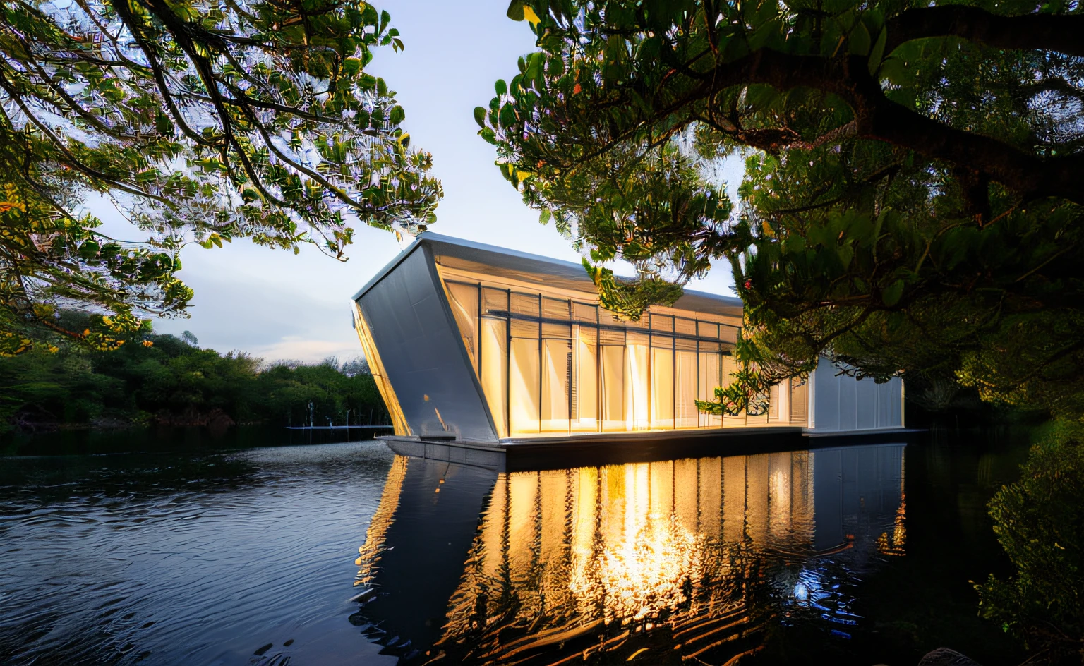 ((obra-prima, melhor qualidade)), 8k, estilo de arquitetura moderna, Foto realista, Placeholder image, arquitectura inspirada em Renzo Piano, foto hiper detalhada, single box, A 3D digital rendering of a building, glass building, Leansflare, body of water, night time, Hiperealista, trees around
