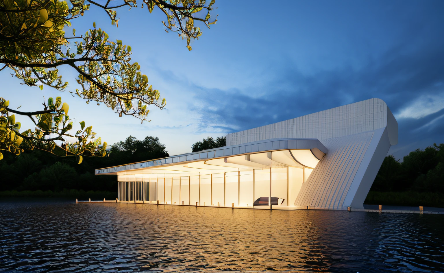 ((obra-prima, melhor qualidade)), 8k, estilo de arquitetura moderna, Foto realista, Placeholder image, arquitectura inspirada em Renzo Piano, foto hiper detalhada, single box, A 3D digital rendering of a building, glass building, Leansflare, body of water, night time, Hiperealista, trees around