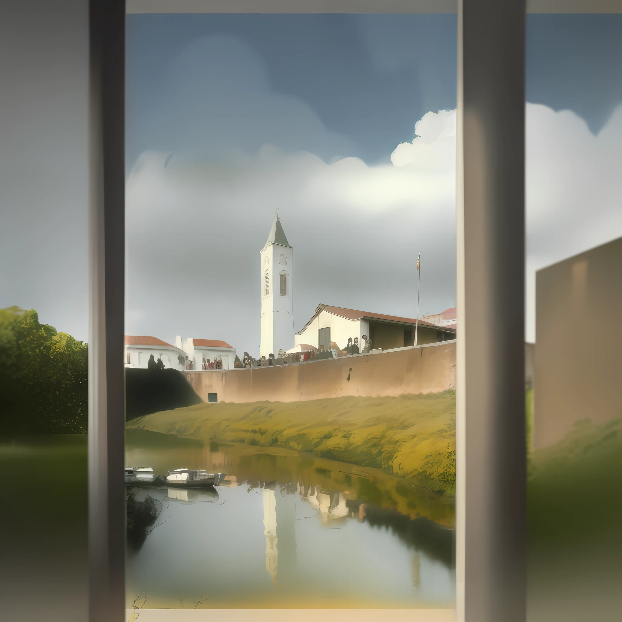 there is a small pond in front of a building with a clock tower, igreja no fundo, foto realista de uma cidade, monastery, Naboo, post processed denoised, historical image, Directed by: Artur Tarnowski, Directed by: Nandor Soldier, Directed by: Bertalan Leek, a foto mostra um grande, imagem real