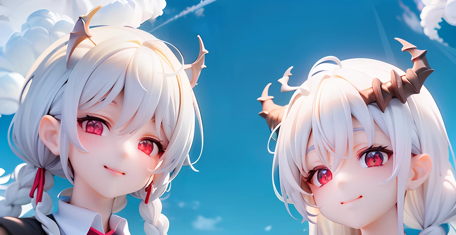 1girls, Red eyes、Sharp eye light、red necktie、Black Jacket、smile on face、White hair、Braids、Dragon Wings、Dragon's horn、Dragon's tail、Naturally、blue skies、white clouds、Mystical light, Upper body, Angle from below