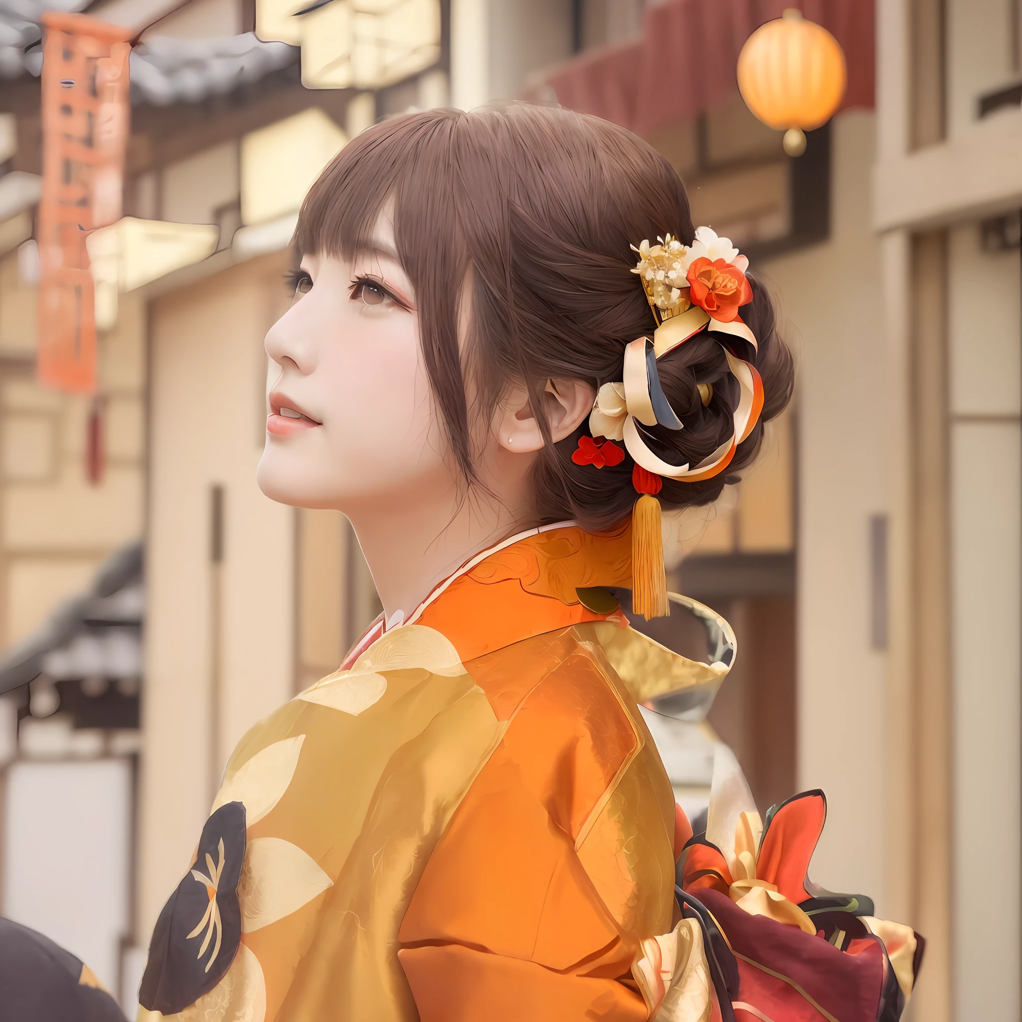 (Traditional beauty,geometrical:1.2)(Painting style:Hanfu style)Wearing Chinese-style Han clothes,Wear a hair ornament of the same color,Japanese-style women's makeup and dress,Lurking in the style of Japanese culture,Observe the vignetting,Late at night alone,Sweet face,Intoxicated expression,The orange costume shimmered