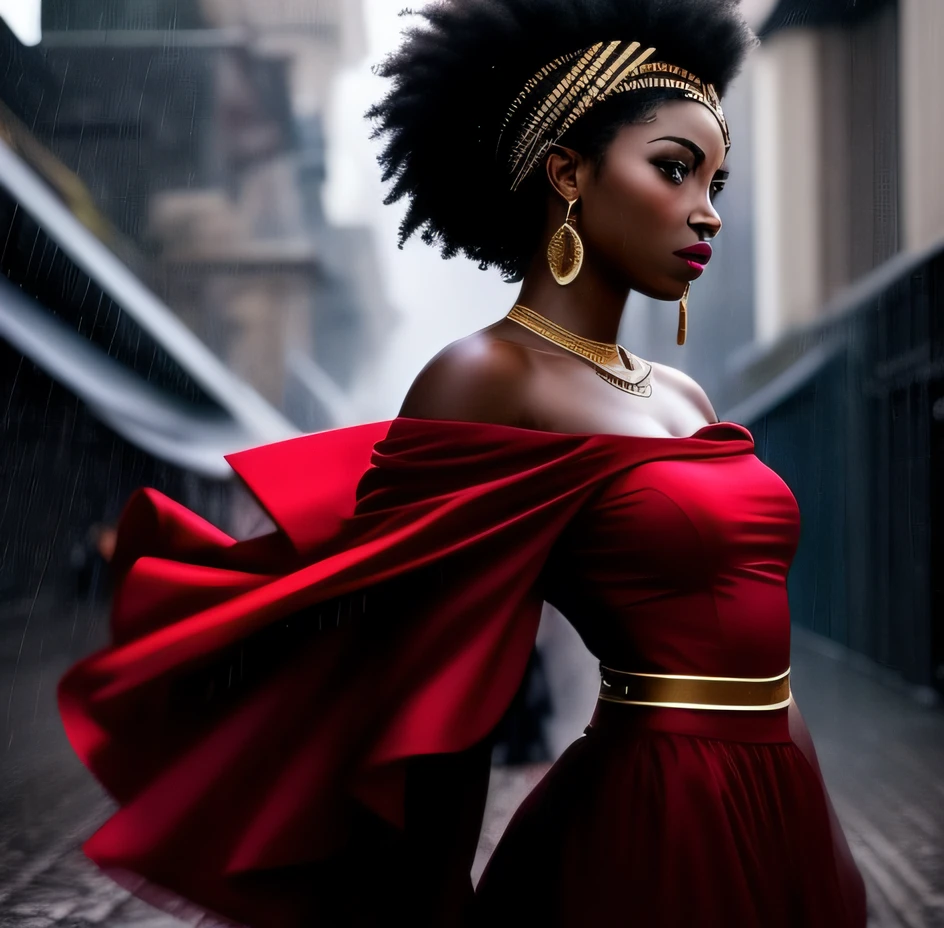 a woman in a red dress is dancing in the rain, dark skin female goddess of thunder, Princesa africana deslumbrante, Rainha africana, thunders, raios, Princesa negra africana, mulher africana, Mitologia africana, Um retrato impressionante de uma deusa, futurista bonita