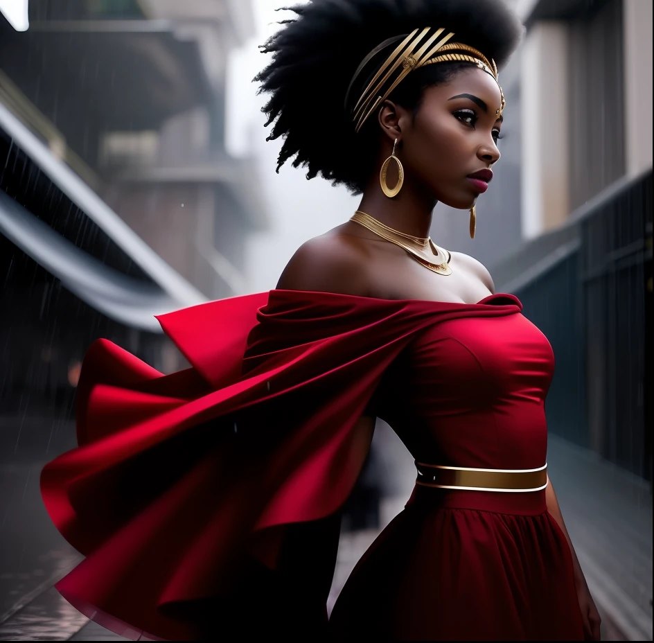 a woman in a red dress is dancing in the rain, dark skin female goddess of thunder, Princesa africana deslumbrante, Rainha africana, thunders, raios, Princesa negra africana, mulher africana, Mitologia africana, Um retrato impressionante de uma deusa, futurista bonita