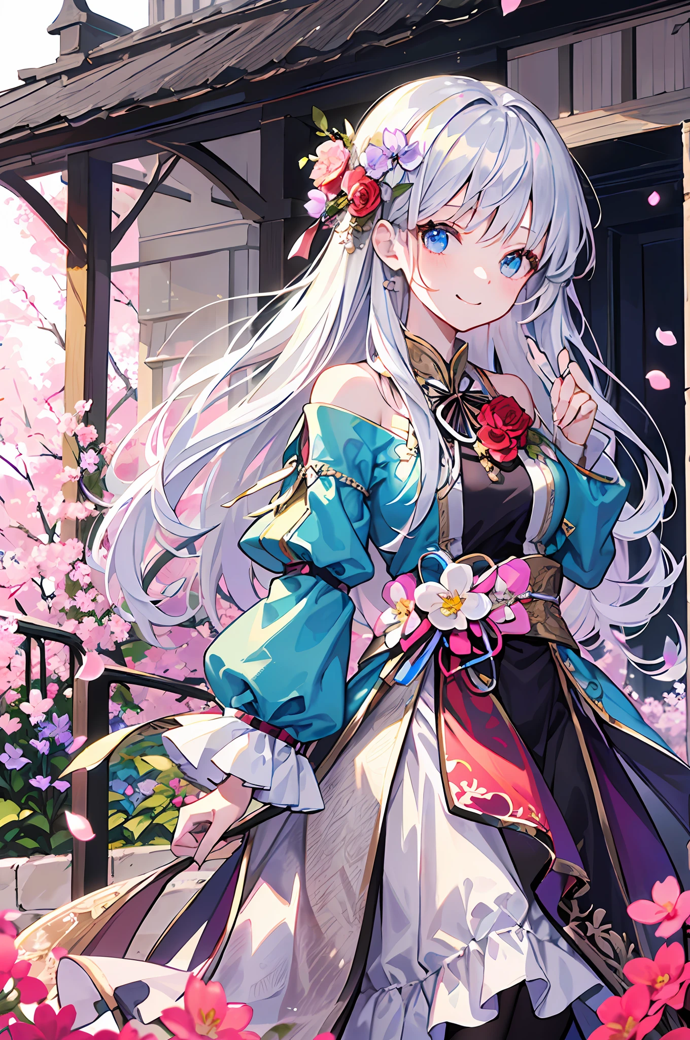 (A masterpice、of the best quality、illutst、Extremely high quality、high picture quality、Extremely sensitive writing)Girl with long silver hair standing in beautiful flowery garden、A slight smile、She has a large bouquet、Cute national costume style dress with ruffles on the shoulders、Hair fluttering in the wind