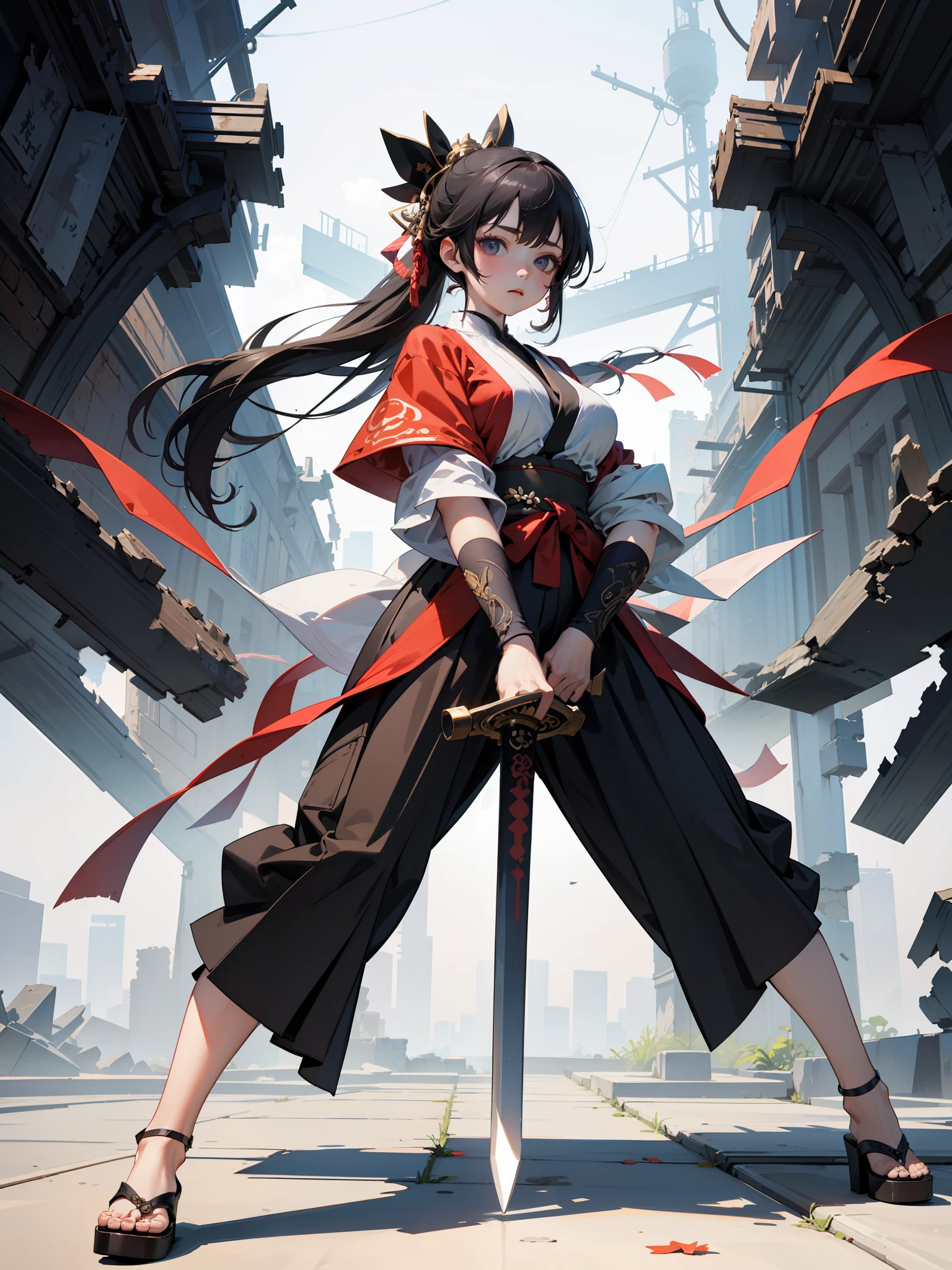 master peice,hyper quality, hyper-detail,Perfect drawing,fwb,。.3D,8K,Illustration、Hi-Res、Beautiful girl in samurai costume holding a sword、purgatory、Ruins、beatiful backgrounds、