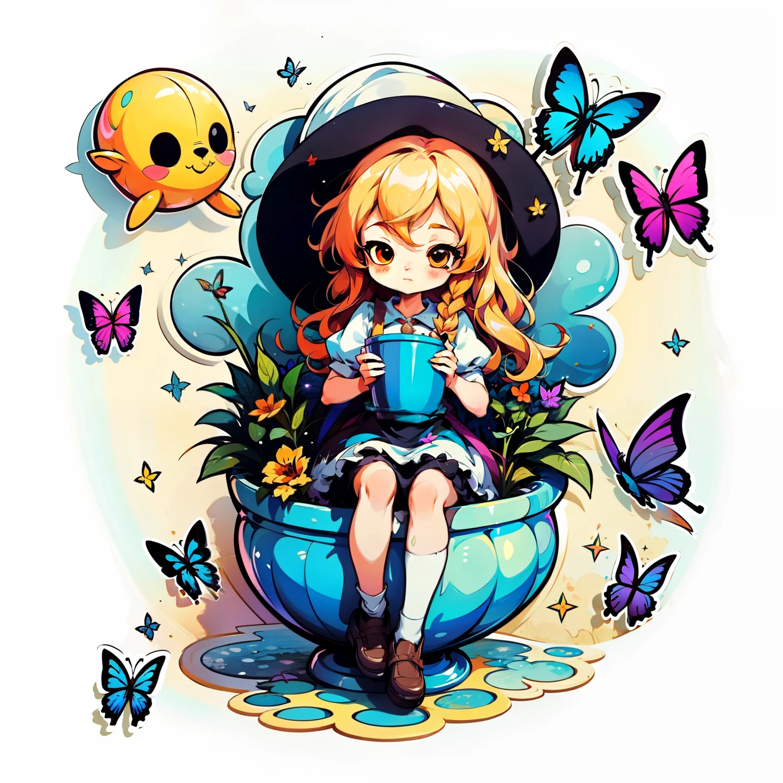 1 pegatina, Manual, (sticker, (( 1 little girl)), Mesa de trabajo, placa de pintura), there is a cartoon picture of a girl sitting in a bowl, acuarela, fondo blanco, fondo simple, minimum, hermoso, diminuto, pastel color, Estilo vectorial, sin degradado, splash art anime loli, Chica bruja, Arte Zerochan, Alicia X. Zhang, Mariposa estrella, Lindo estilo de arte, Bruja brillante, Lindo arte digital detallado, Arte digital en Pixiv, Desde Touhou, Kirisame Marisa desde Touhou, anime fantasy illustration, Cuento de hadas de brujas, Kirisame Marisa